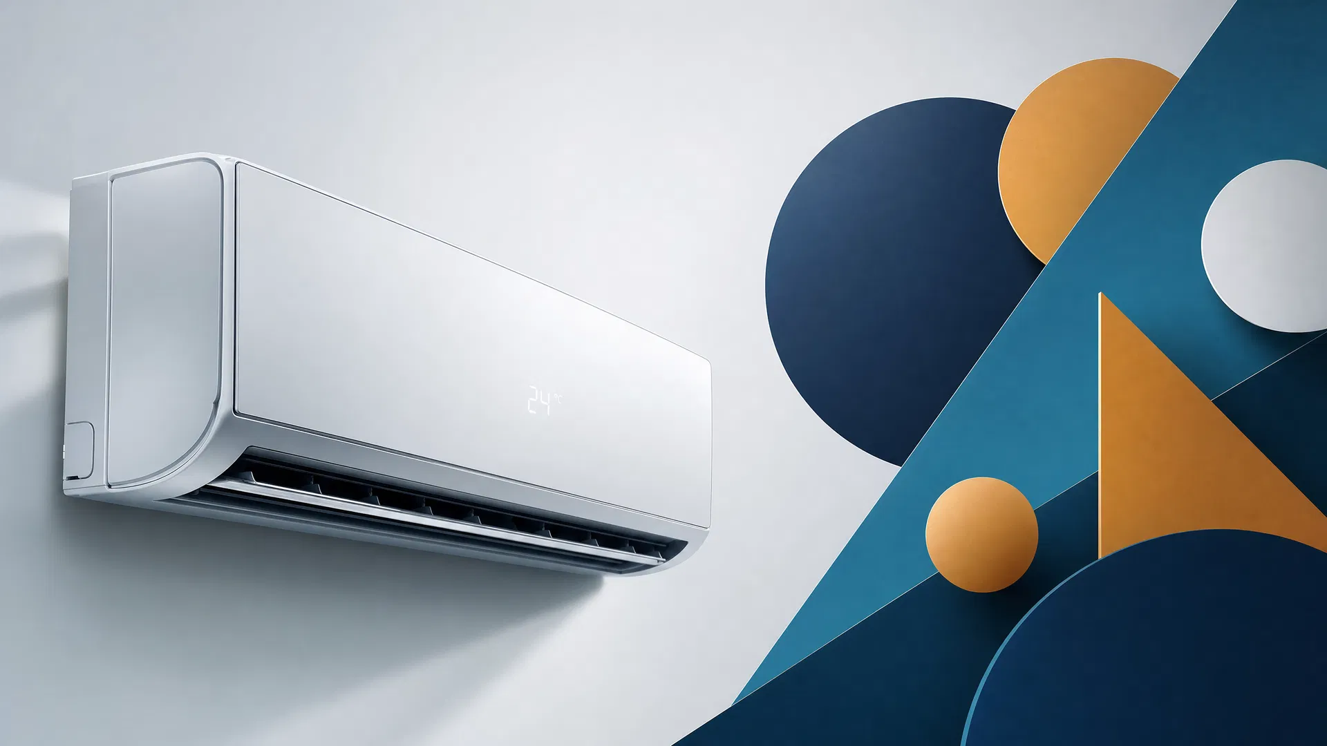 Professional HVAC technician working on air conditioning unit with geometric design