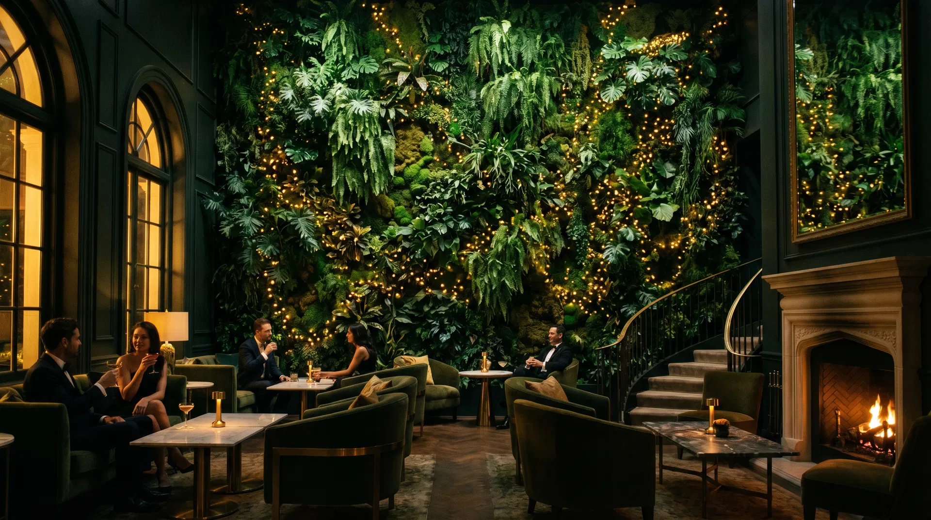 Mur végétal luxueux éclairé dans un lobby d'hôtel à Marseille