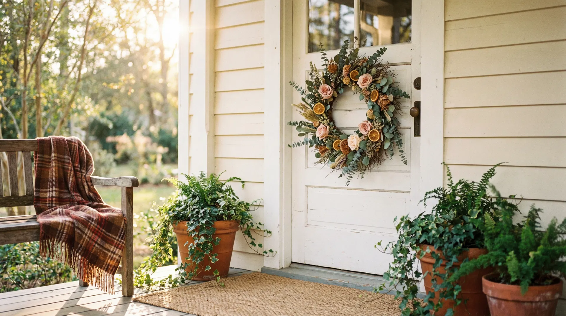 A beautifully styled front porch with a handcrafted wreath