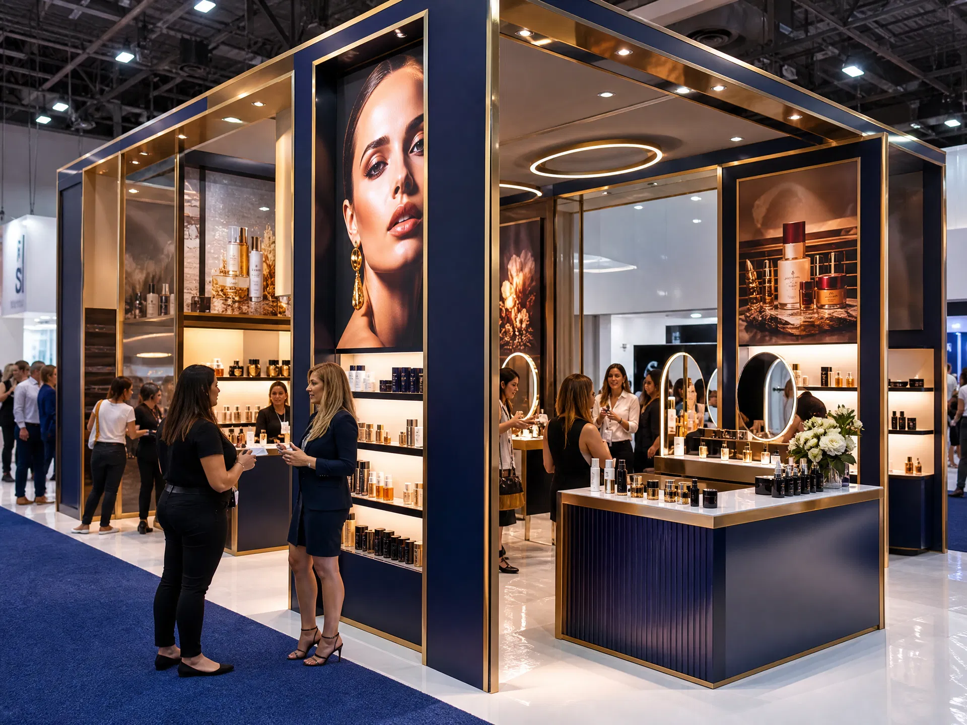 Beauty trade show exhibit on a convention show floor