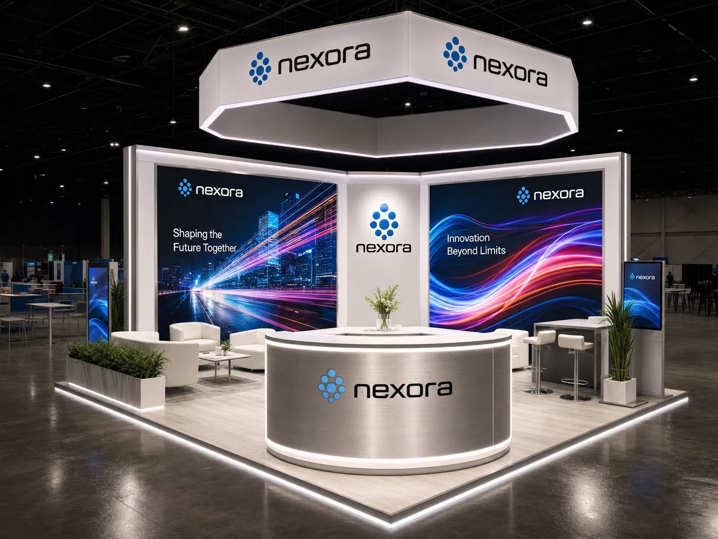 20x20 LED video wall island exhibit showcasing premium design