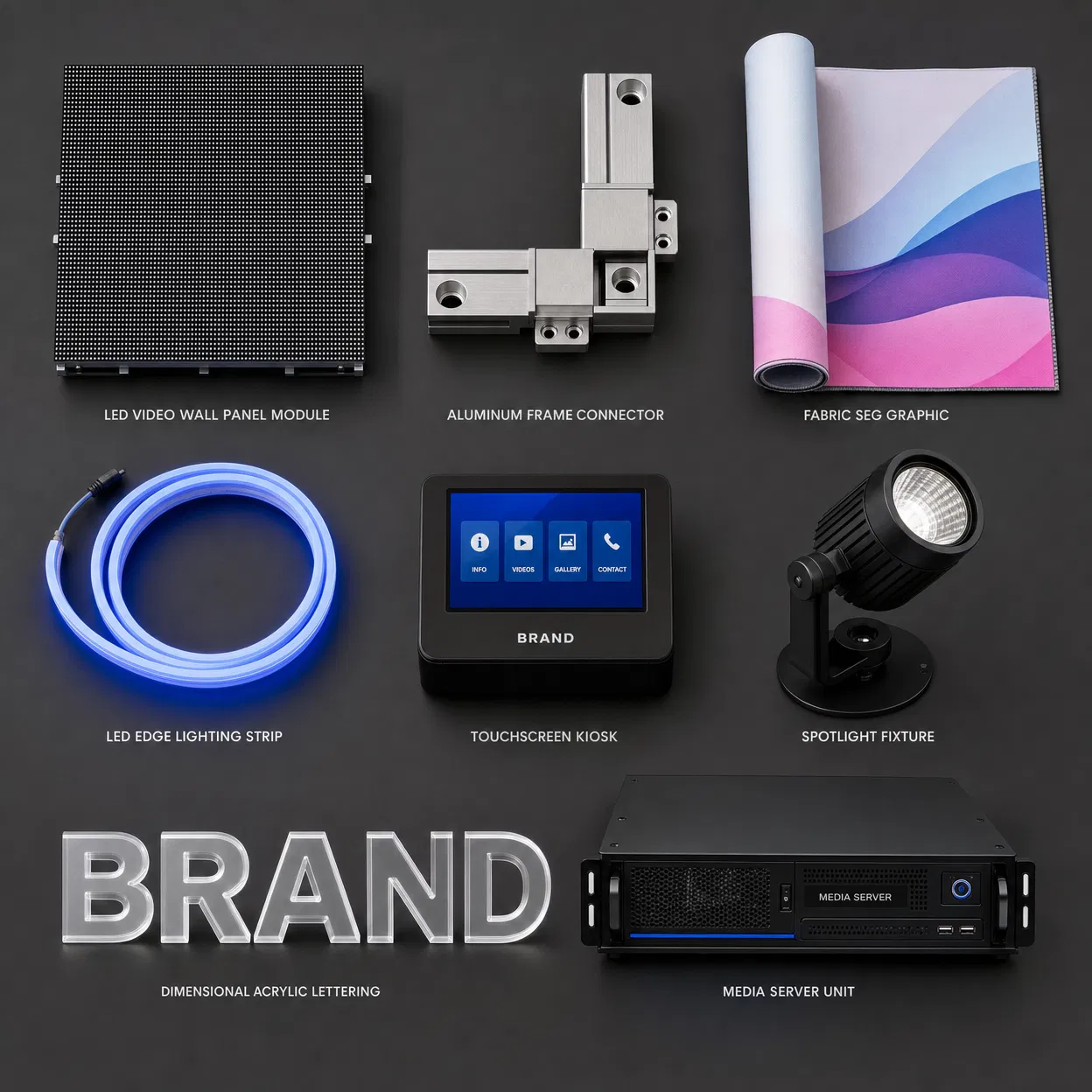 Trade show exhibit components laid out - LED panels, lighting, connectors, media server