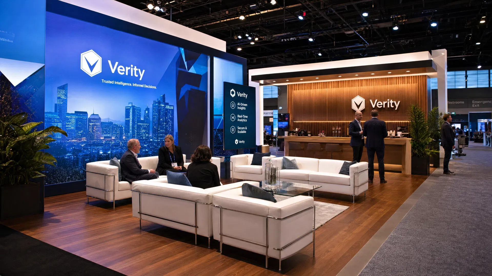 Premium trade show exhibit lounge area with modern white leather sofas, LED video walls, and warm wood flooring