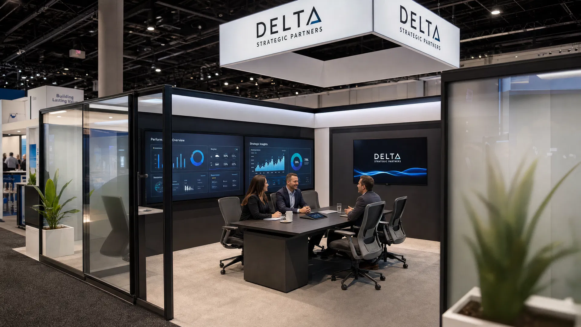 Executive meeting area inside a trade show exhibit with conference table, ergonomic chairs, and LED displays