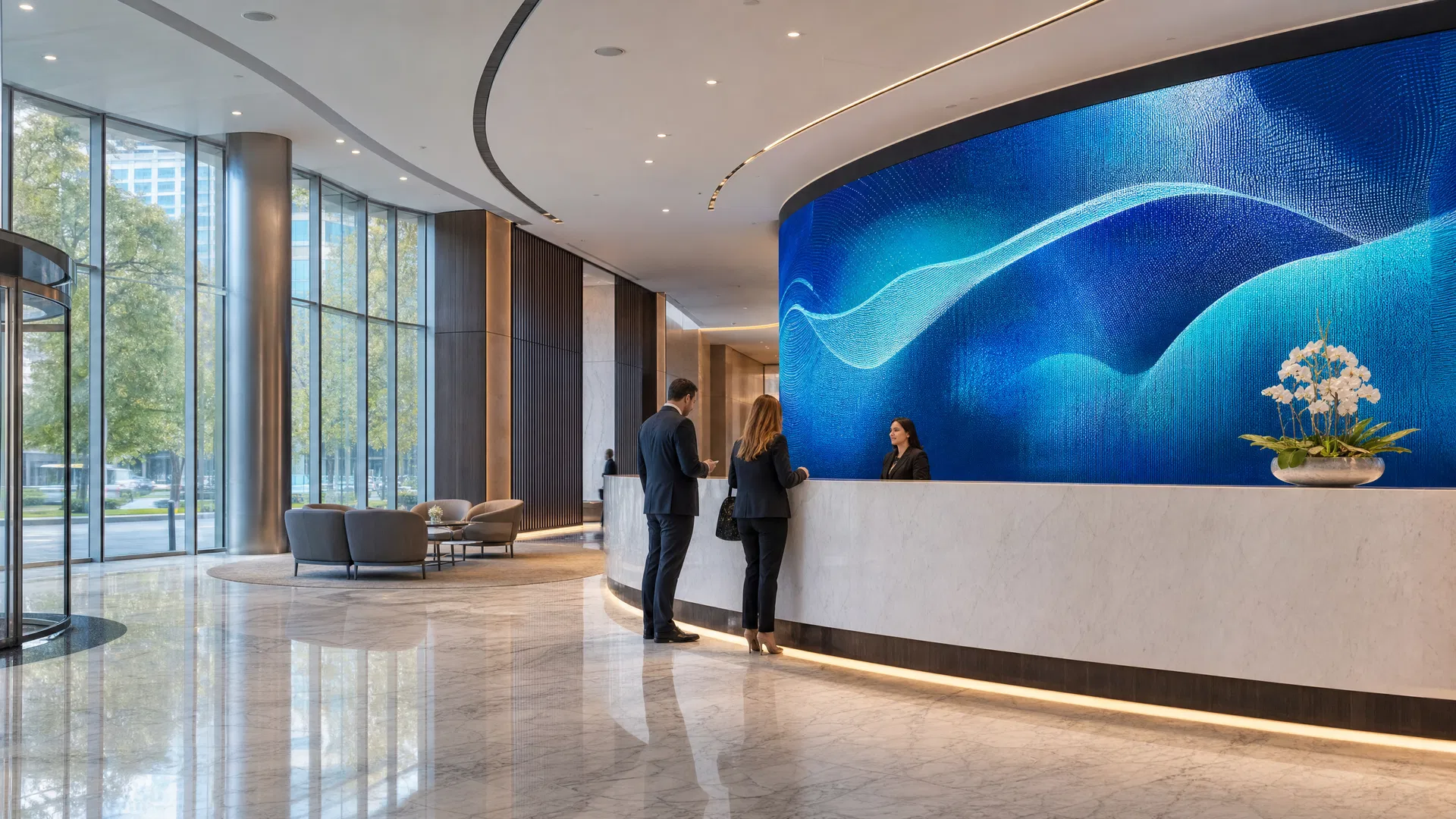Corporate Lobby — Curved LED Behind Reception