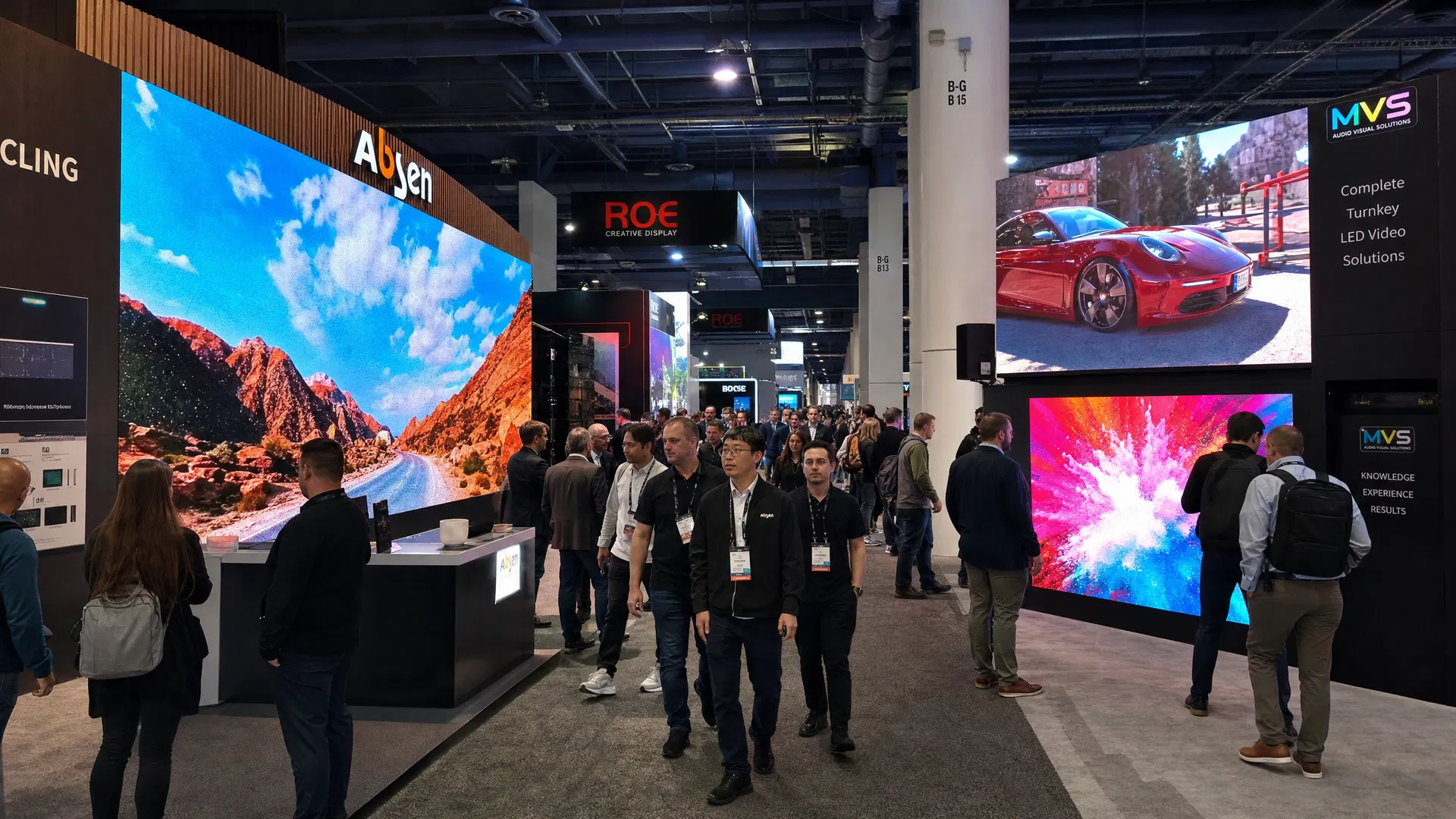 Row of LED Booths — Aisle View with Attendees