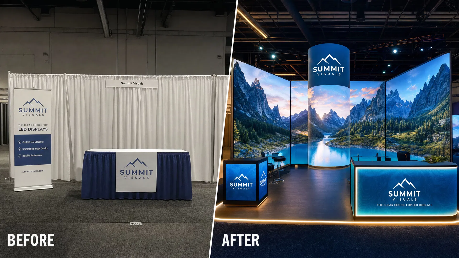 Before and after comparison of a trade show booth transformed with LED video walls