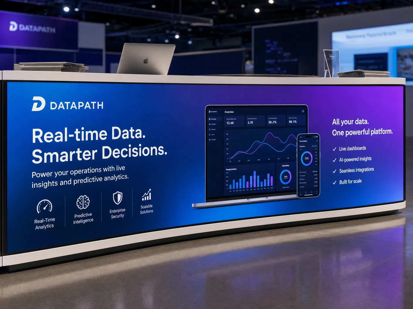 Close-up detail of a curved LED counter panel displaying vibrant marketing content at a trade show exhibit