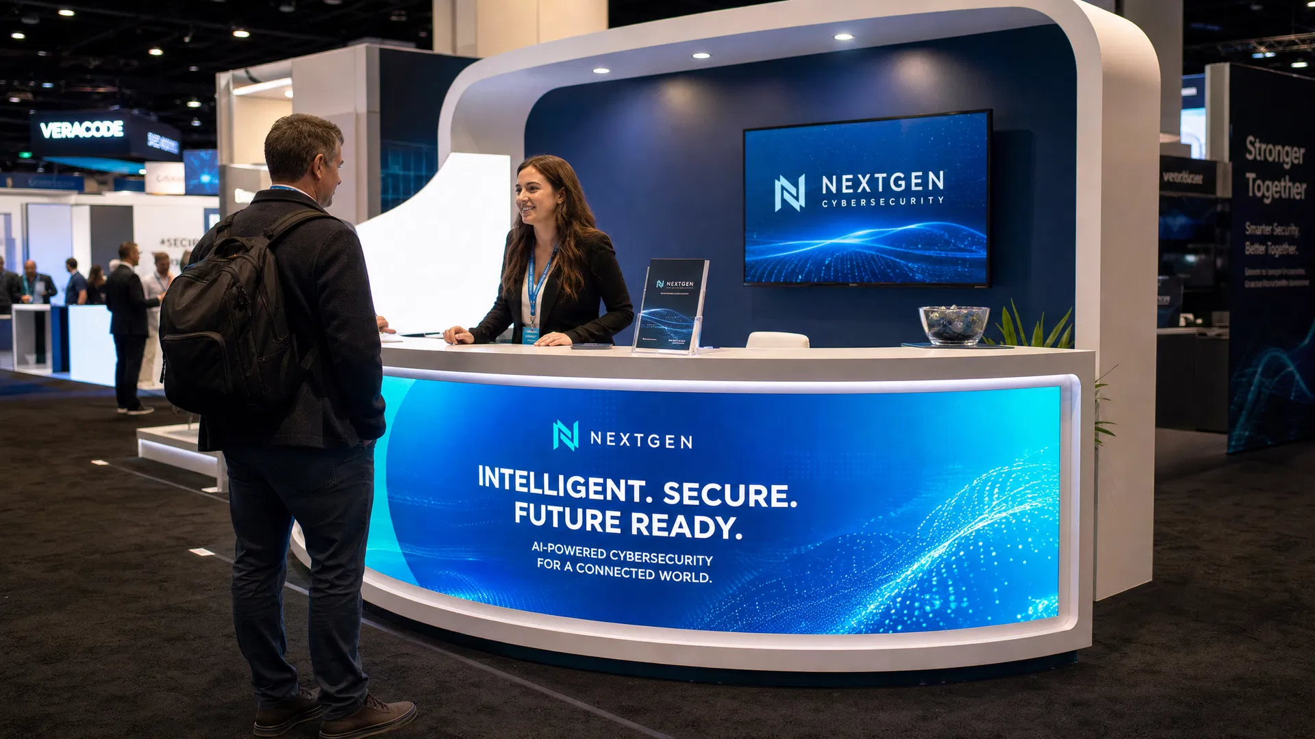 Curved LED reception counter at a trade show booth displaying dynamic brand content with a professional staff member greeting a visitor