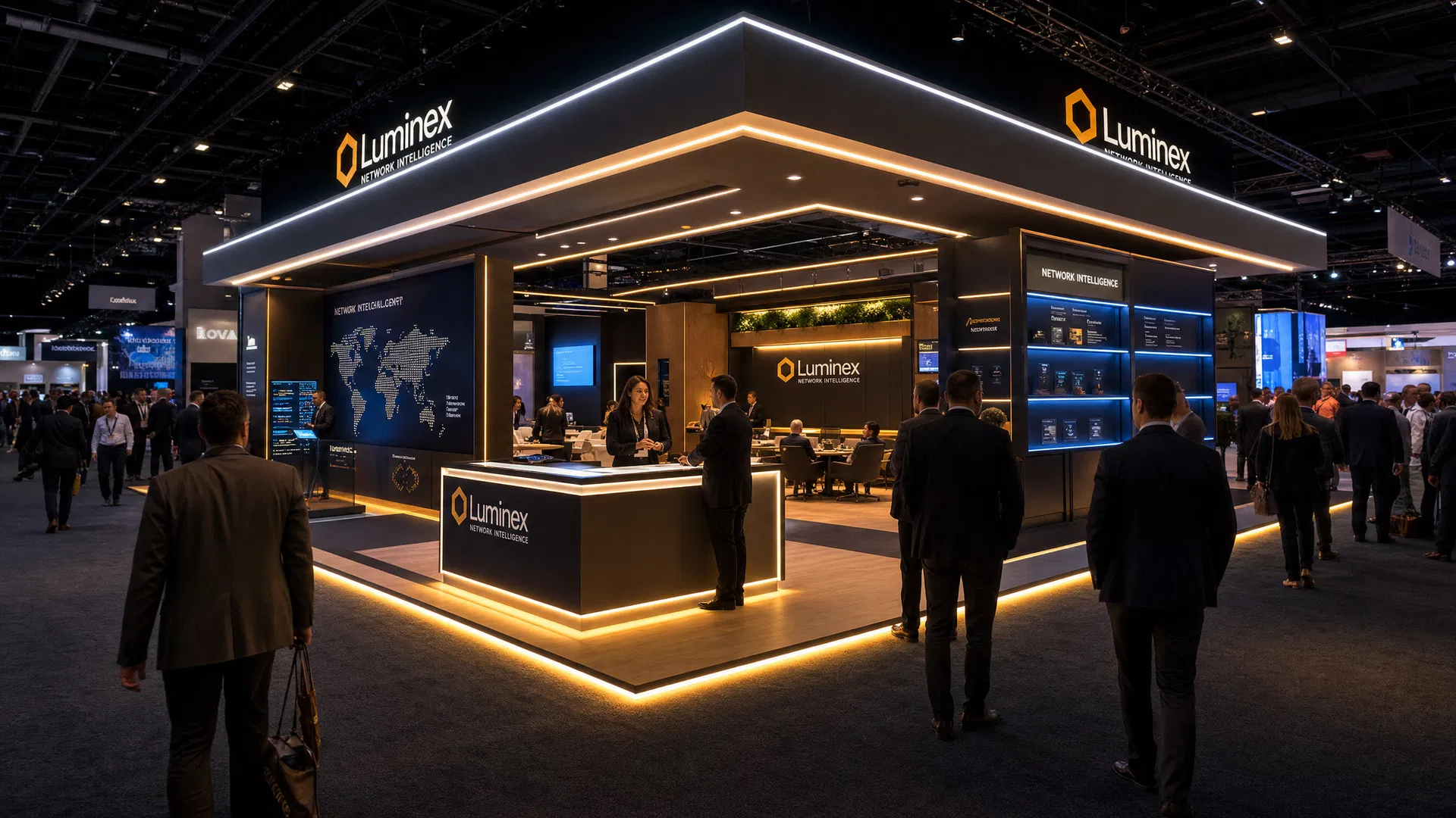 Premium 30x30 trade show exhibit with extensive LED edge lighting in warm amber along floor perimeters, cool white along overhead canopy, and accent blue along product display shelving