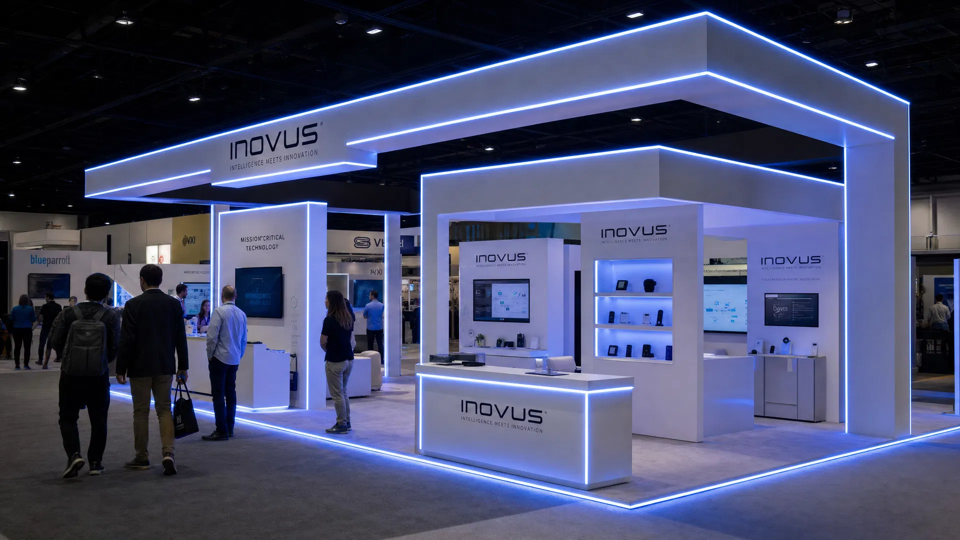 Trade show exhibit booth with dramatic LED edge lighting along every architectural edge, creating glowing blue accent lines that define the booth structure