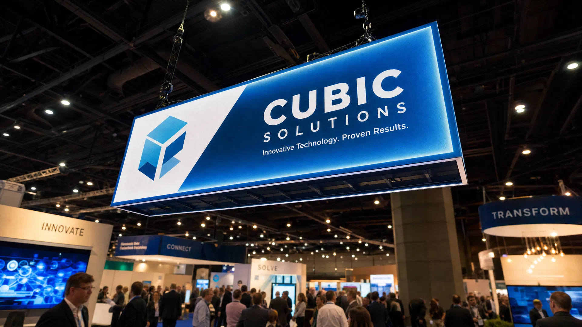 Dramatic LED hanging sign suspended above a busy trade show floor, broadcasting brand content visible from hundreds of feet away