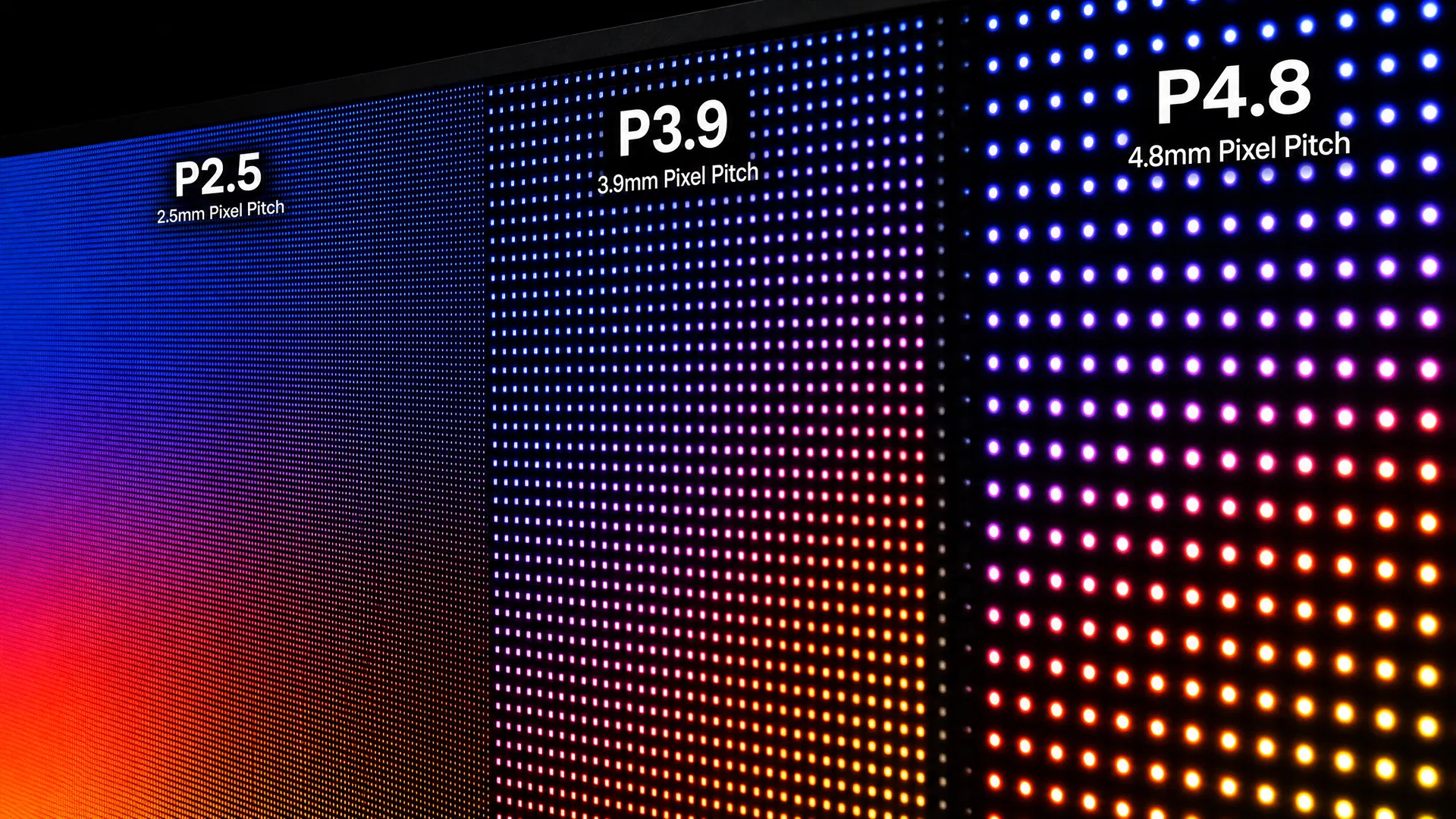 LED pixel pitch comparison showing P2.5, P3.9, and P4.8 pixel densities side by side