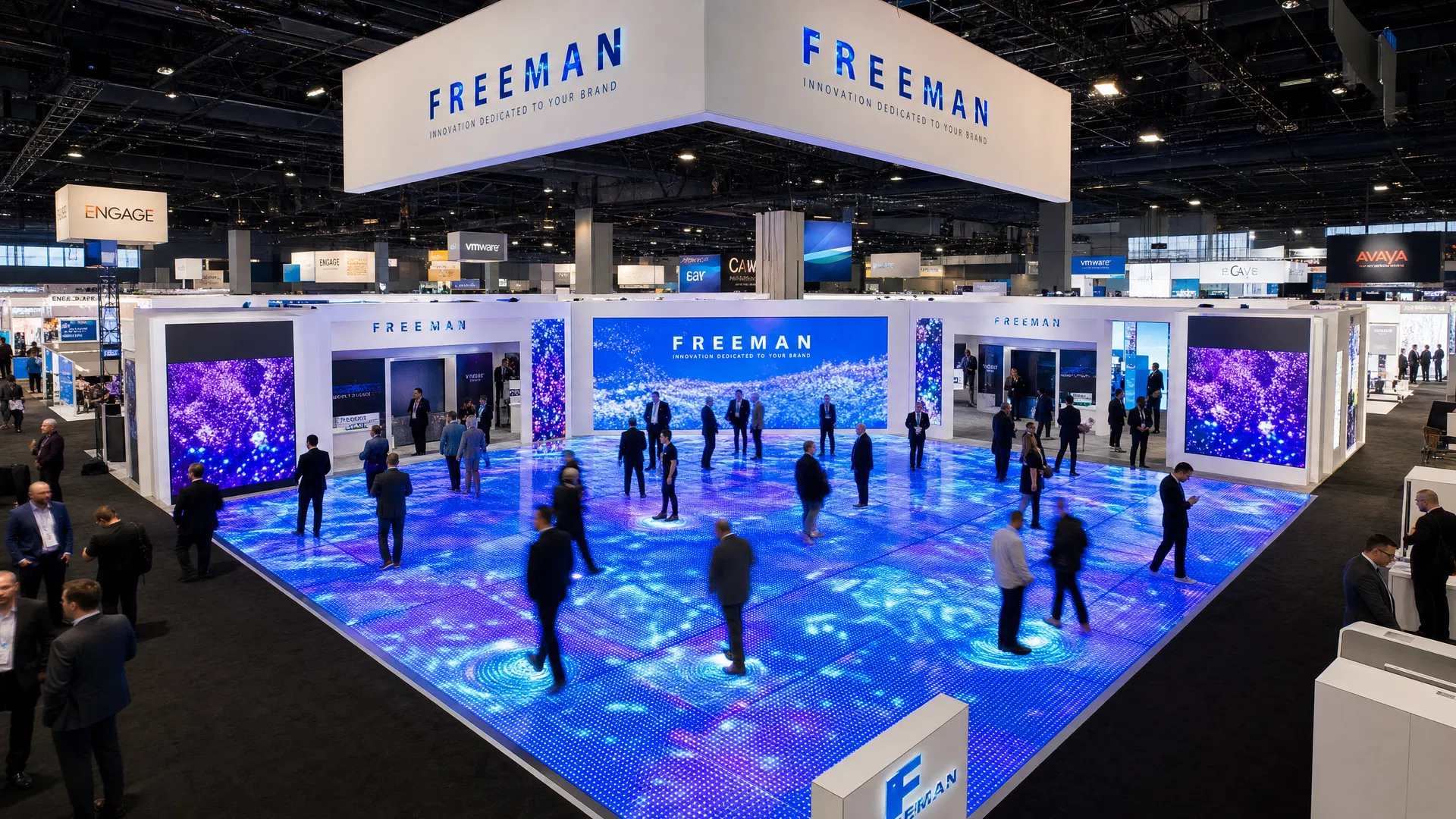 LED floor tiles creating interactive brand display at trade show exhibit