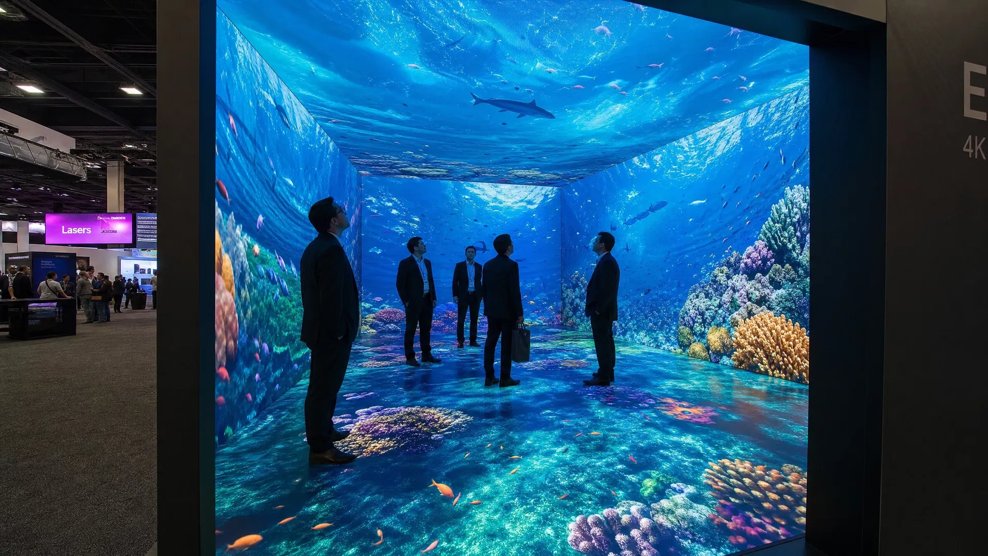Fully immersive LED room environment with floor, wall, and ceiling tiles displaying synchronized content