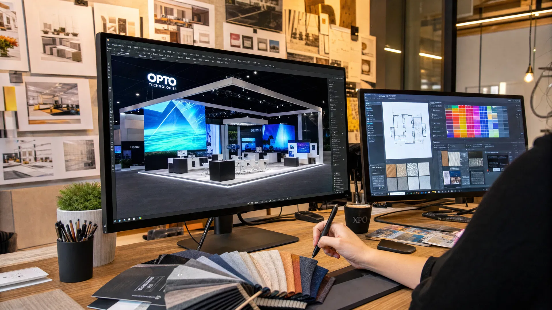 Design studio workspace with 3D exhibit rendering on monitor