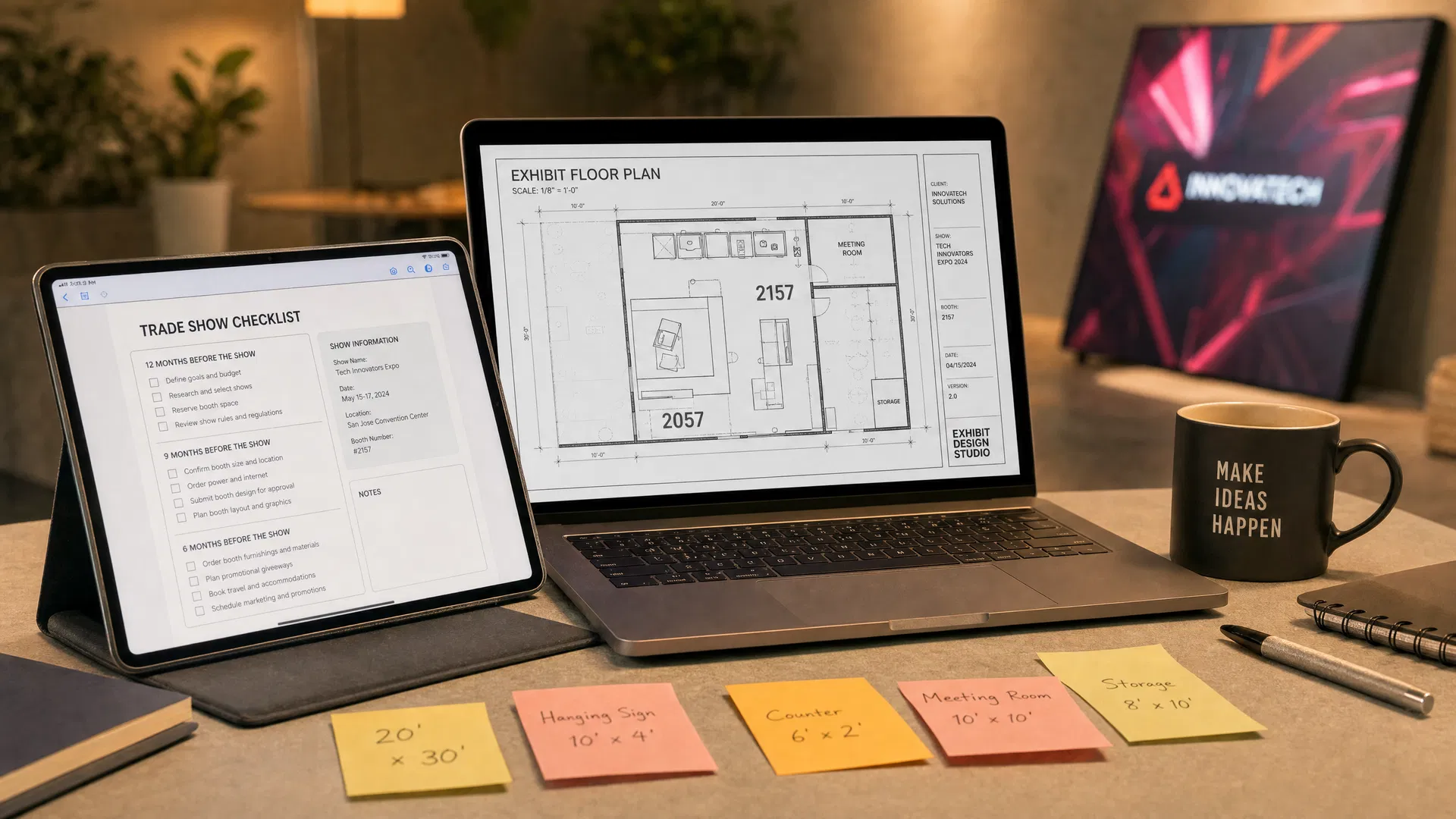 Trade show planning workspace with exhibit floor plans on laptop and tablet