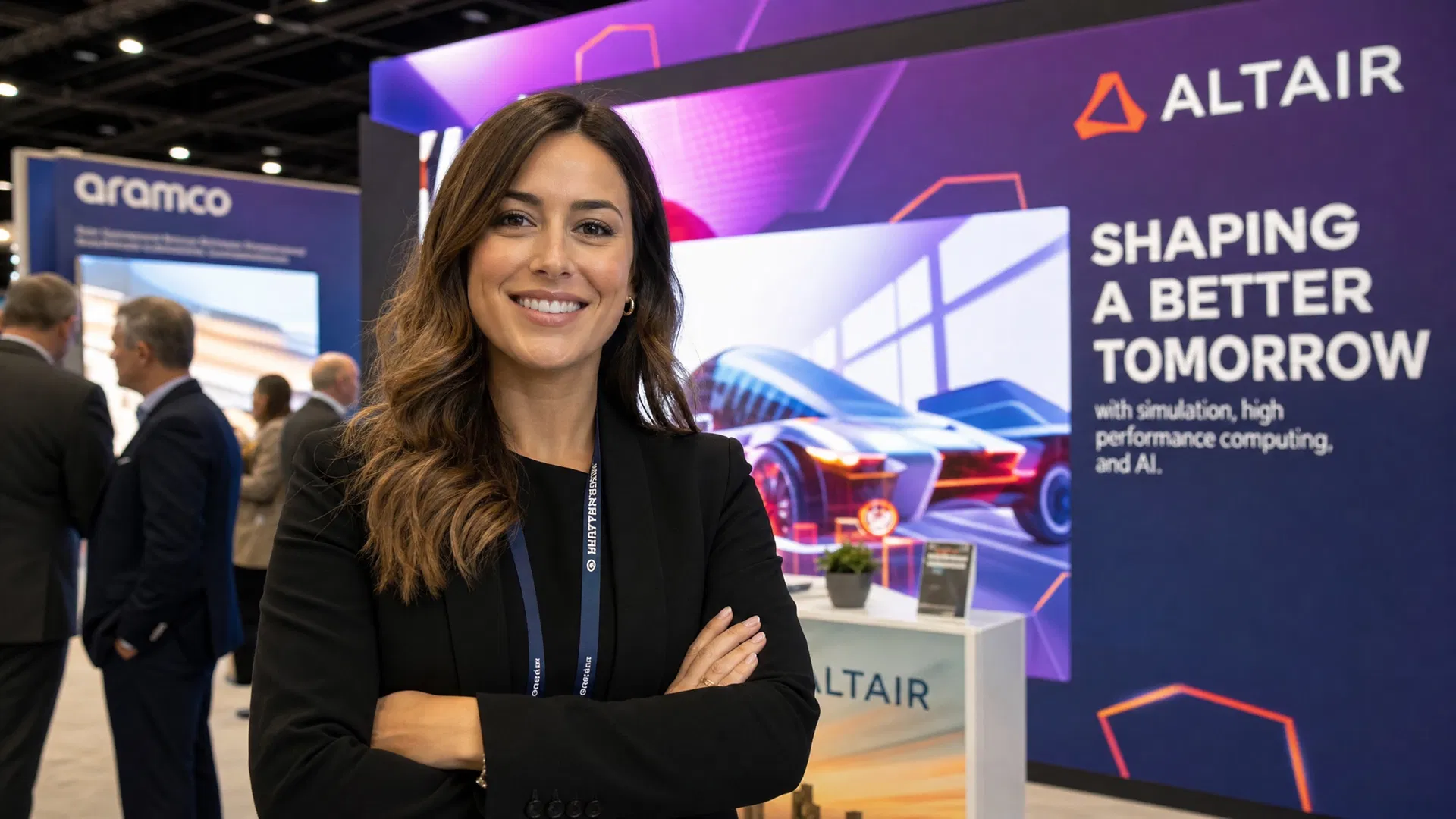 Confident business professional standing in front of LED video wall exhibit booth