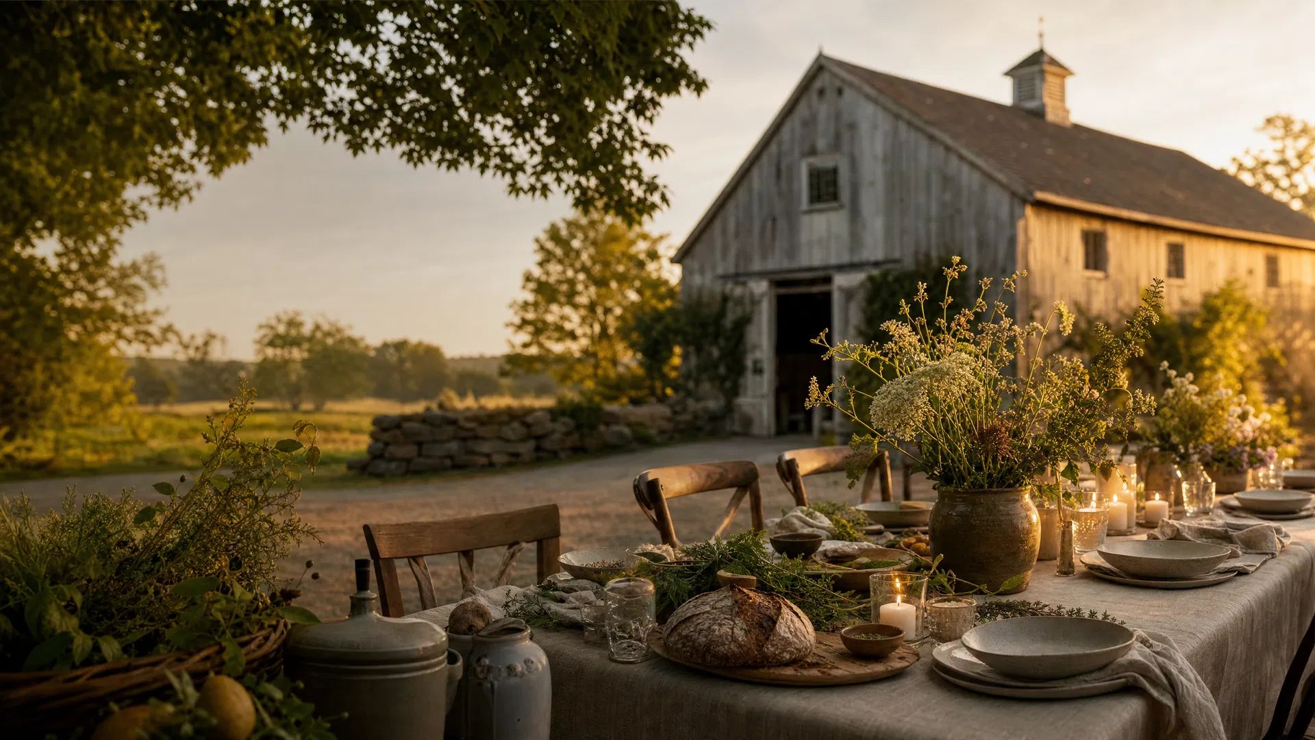 A candlelit farm table at golden hour in front of a New England barn