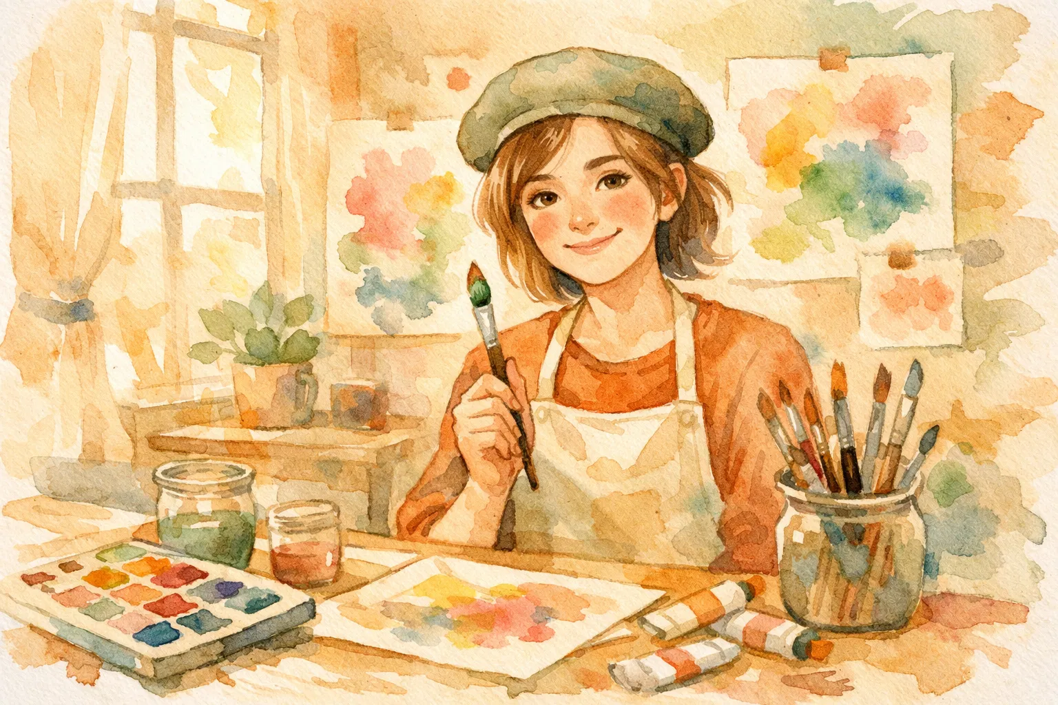 Happy beginner artist in welcoming art studio