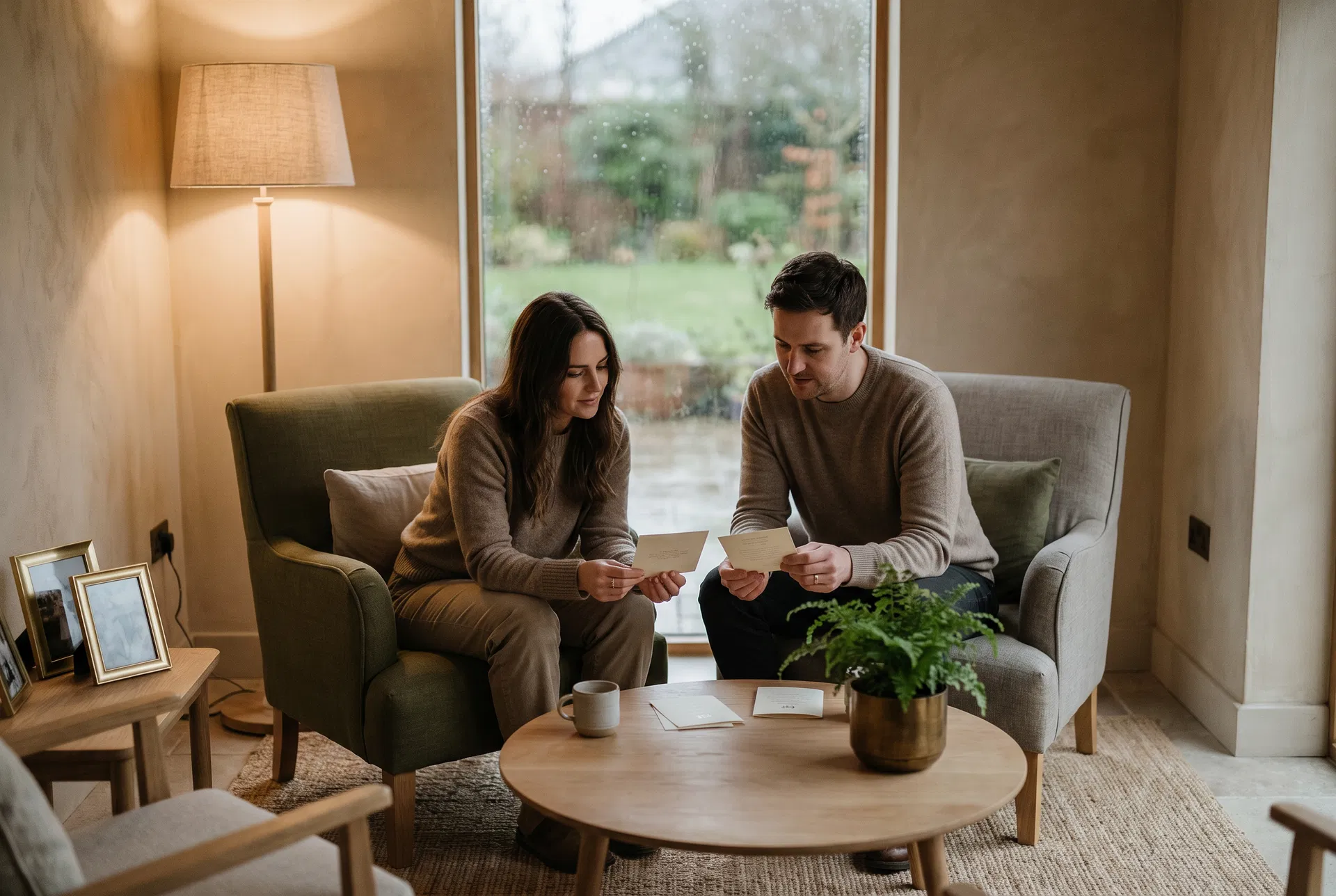 A couple in guided conversation within a calm editorial lounge