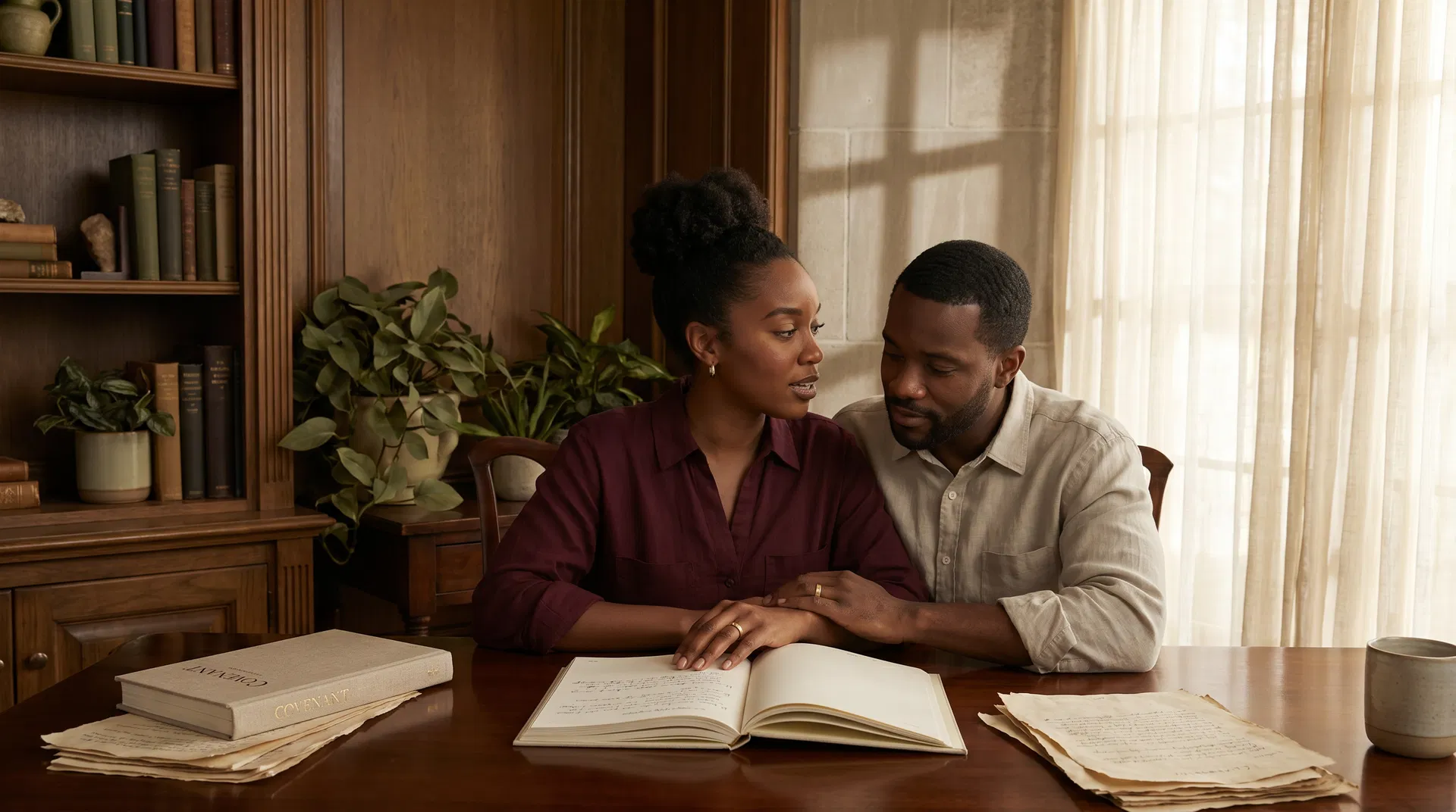 A couple reviewing a marriage workbook in a warm editorial setting
