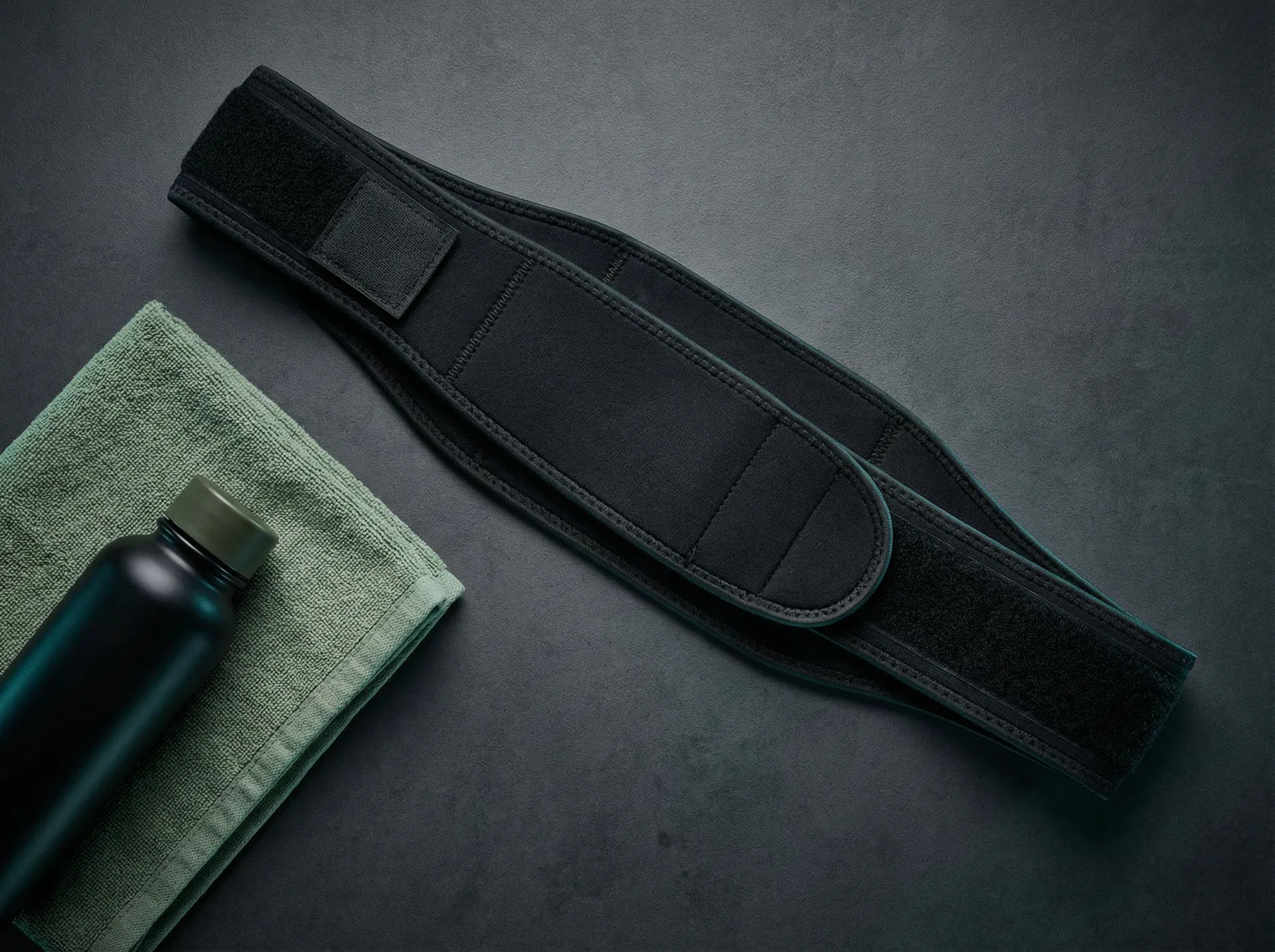 SlimFitStrap posture support strap flat-lay product shot with towel and water bottle
