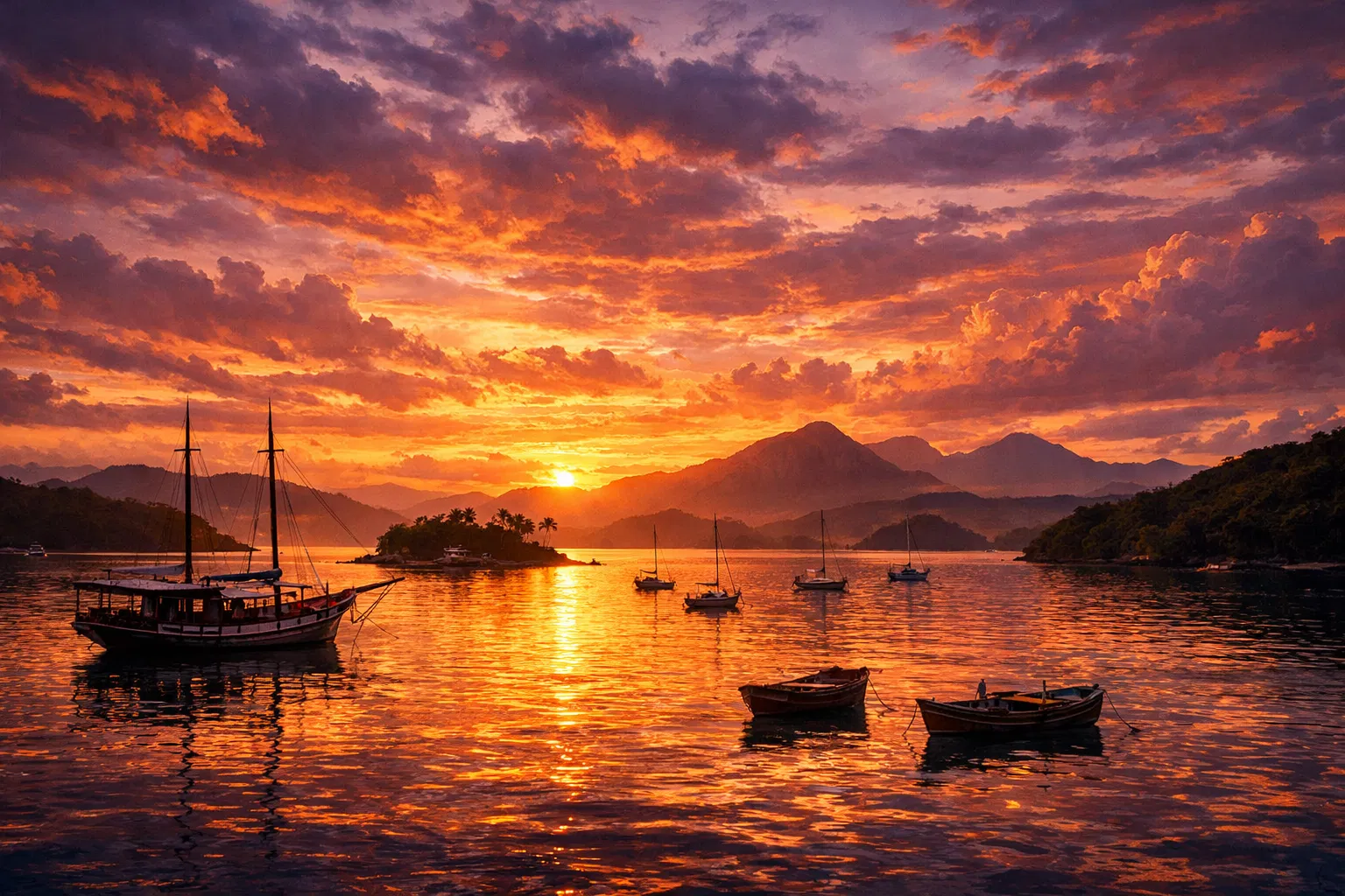 Pôr do sol sobre a baía de Angra dos Reis