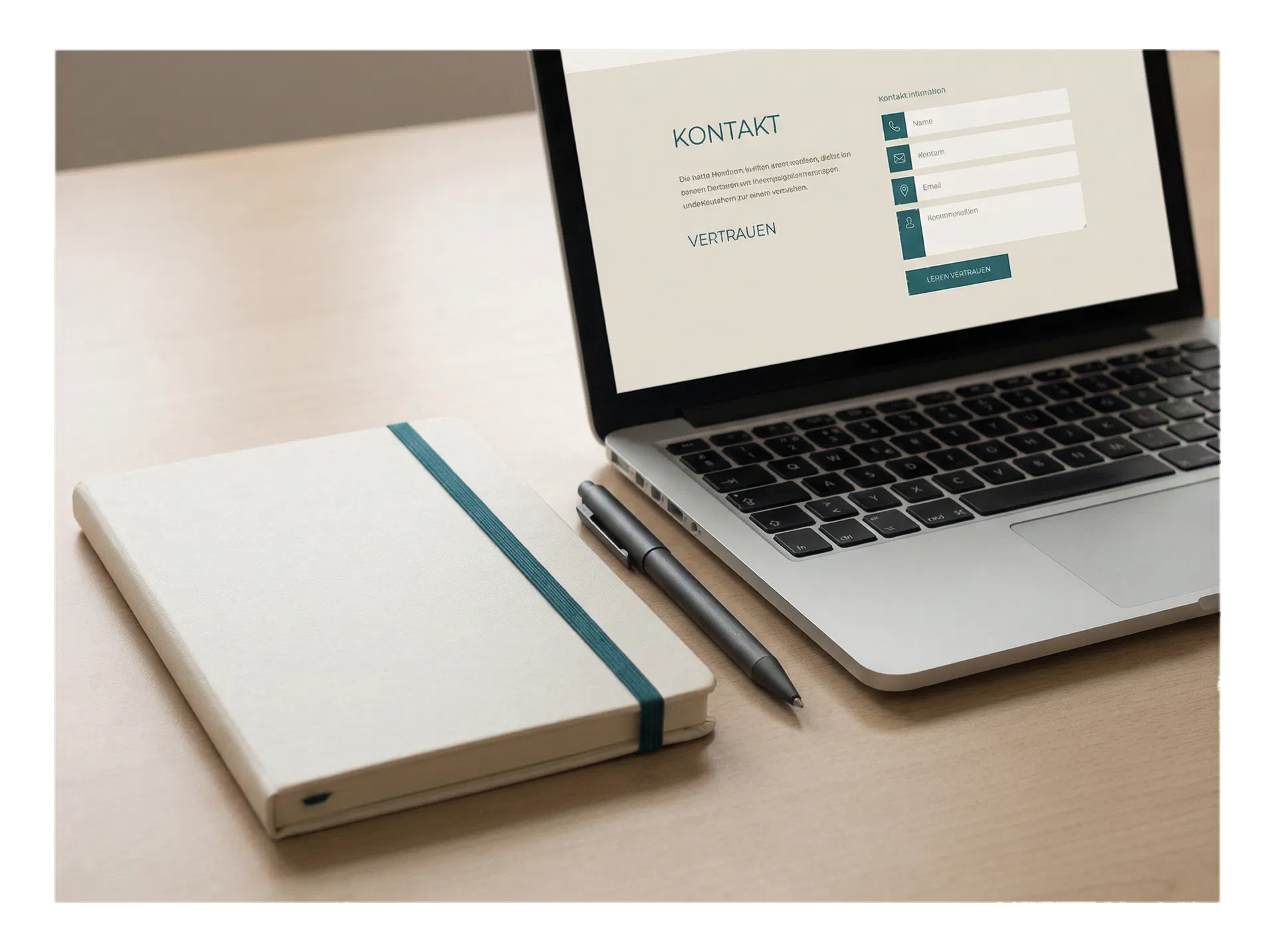 Laptop mit Kontaktansicht und Notizbuch