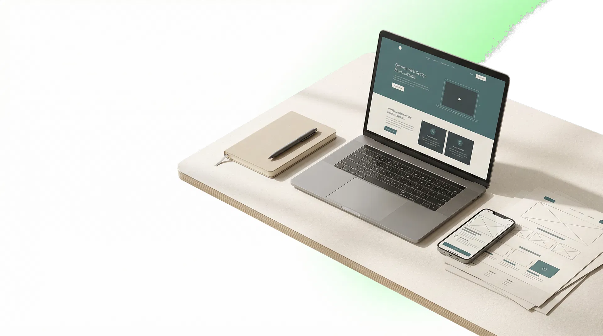 Moderner Arbeitsplatz mit Laptop und Webdesign-Layout