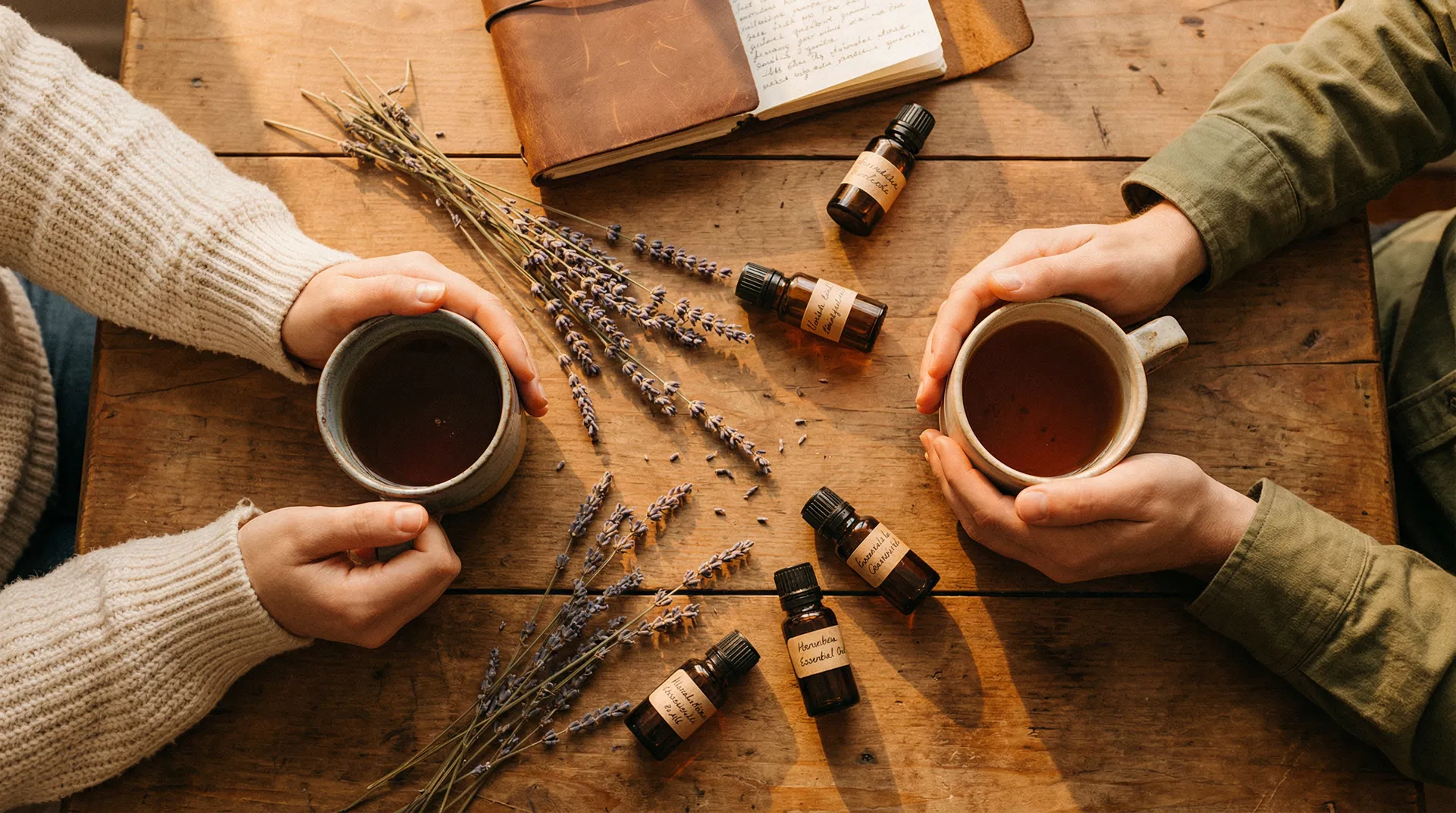 Two women sharing tea and conversation with essential oils