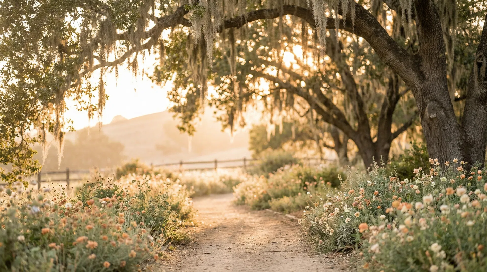 Serene garden path with golden sunlight filtering through live oak trees