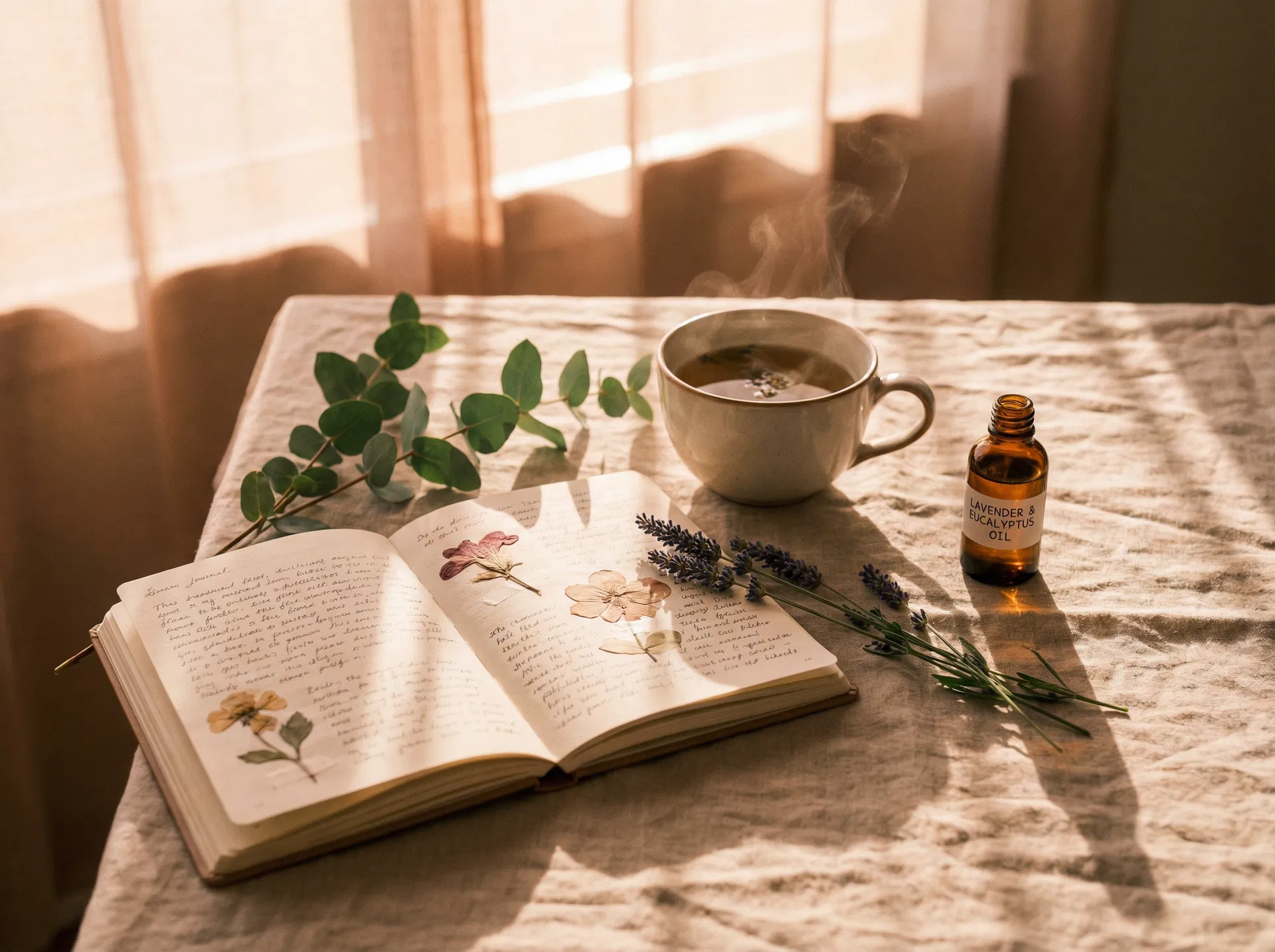 Journal, herbal tea, and essential oils in warm golden light