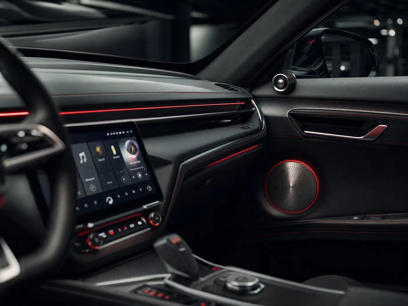 Interior mobil premium dengan head unit Android dan speaker pintu