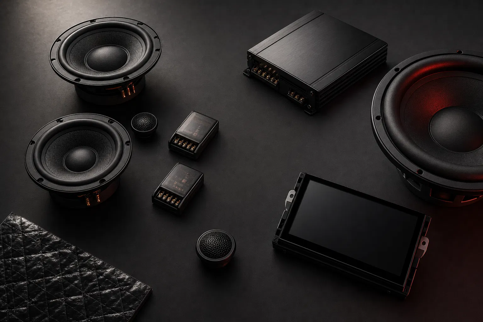 Komponen audio mobil premium di atas meja kerja graphite