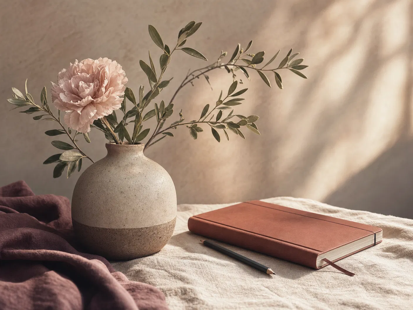 A clay journal, vase, and soft flower arranged in warm natural light