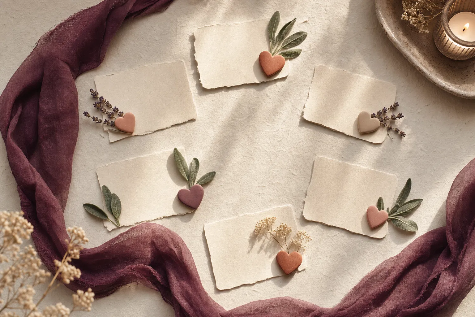 Blank cream note cards arranged with small hearts, sage leaves, and plum fabric