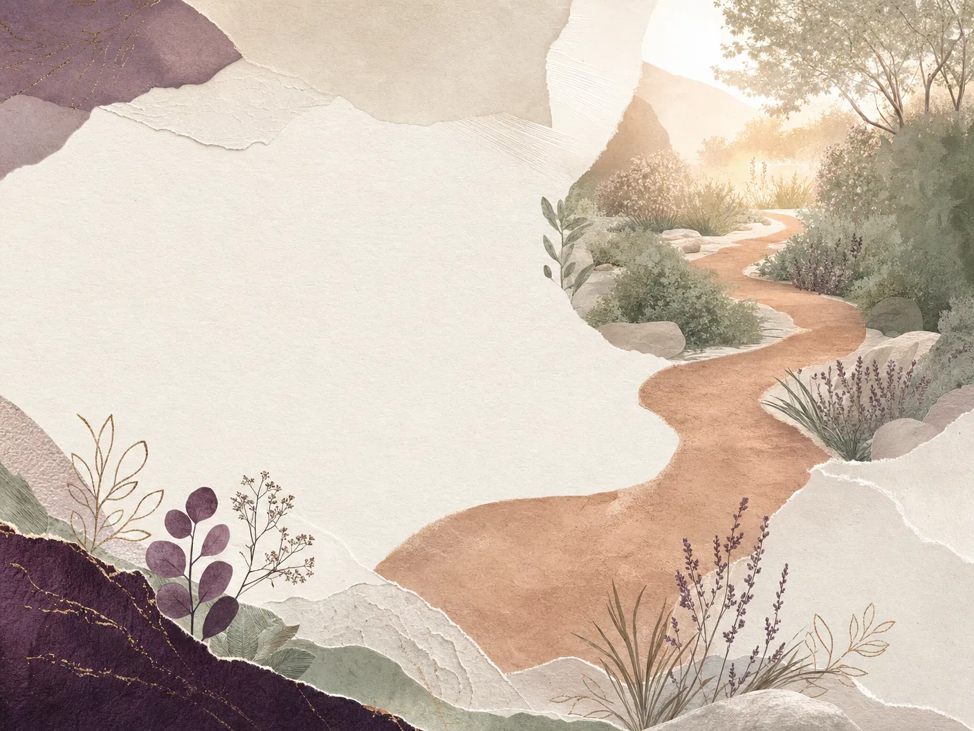 A soft editorial illustration of a winding clay path through a calm sage garden
