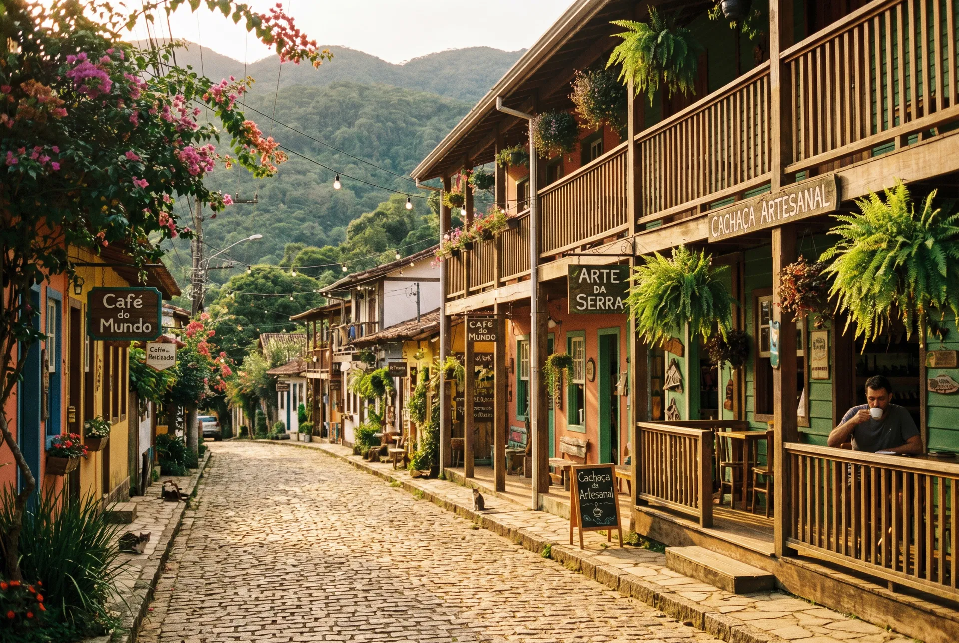 Rua charmosa de São Pedro da Serra com lojinhas e montanhas ao fundo