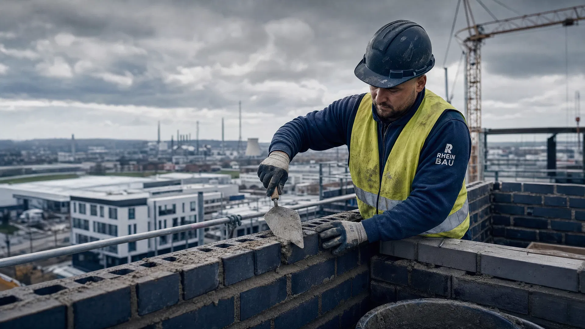 Maurer mauert auf einer Baustelle im Ruhrgebiet