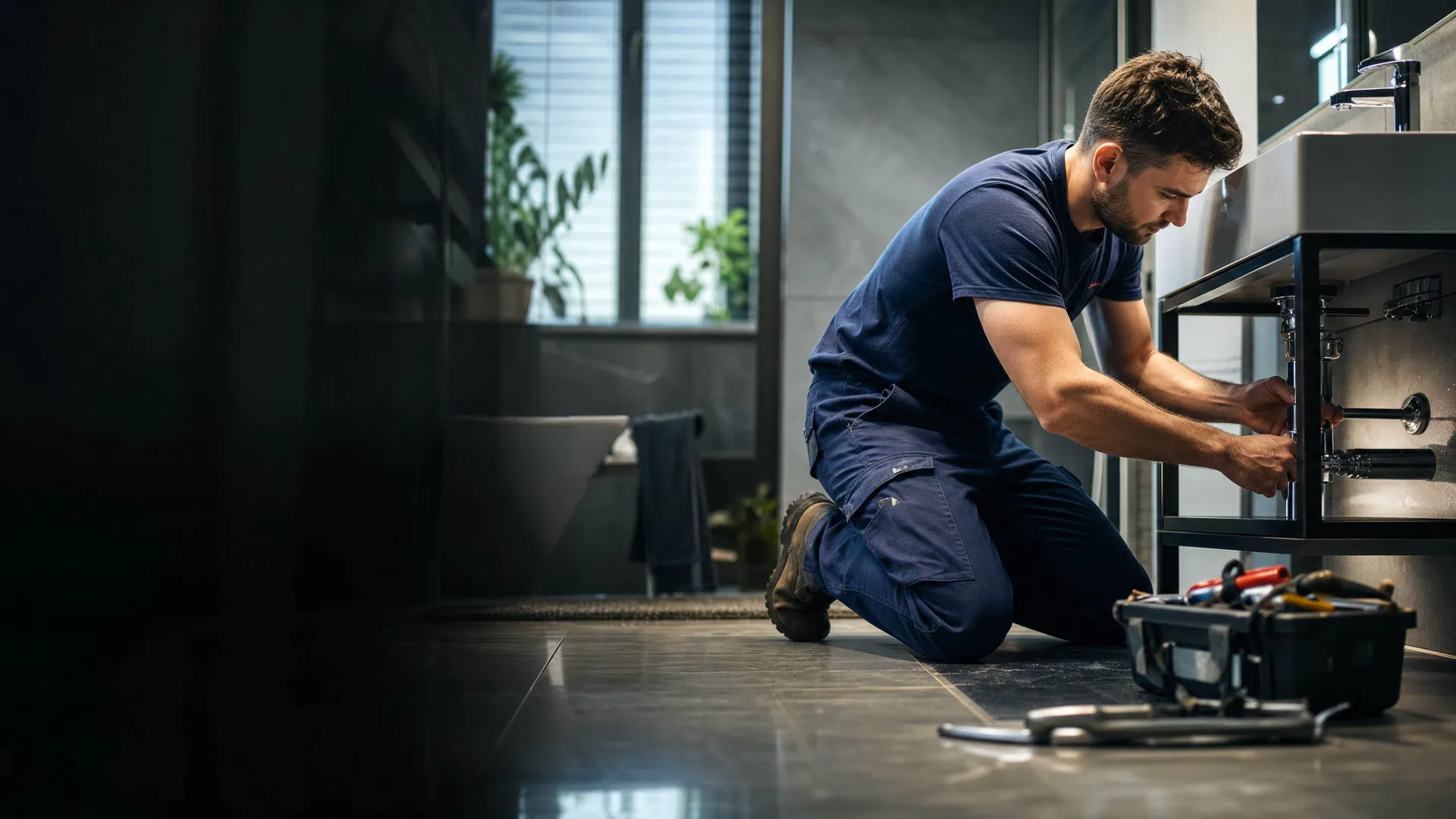 Sanitärinstallateur bei der Arbeit im modernen Badezimmer