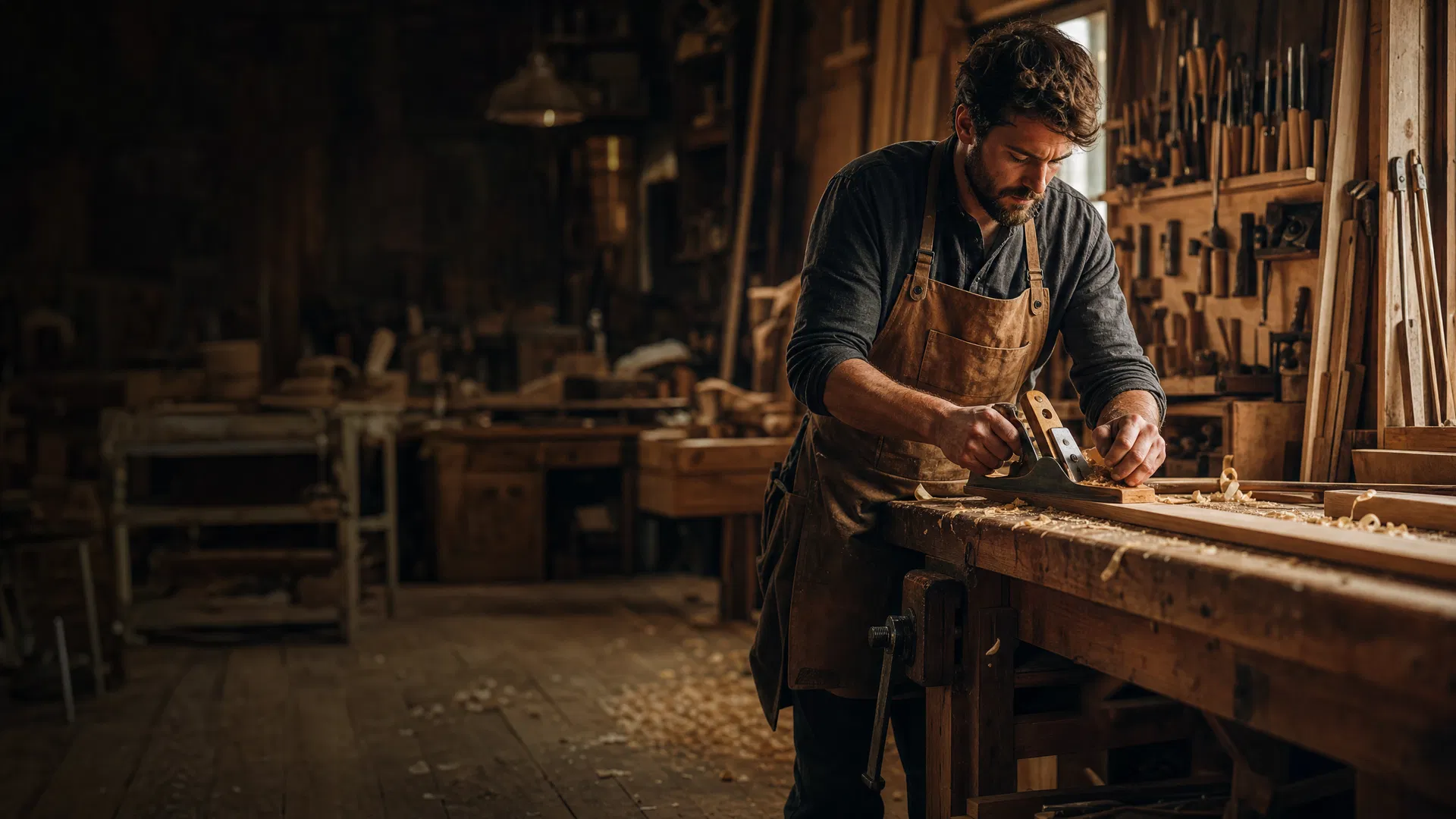 Schreiner hobelt Holz in seiner Werkstatt