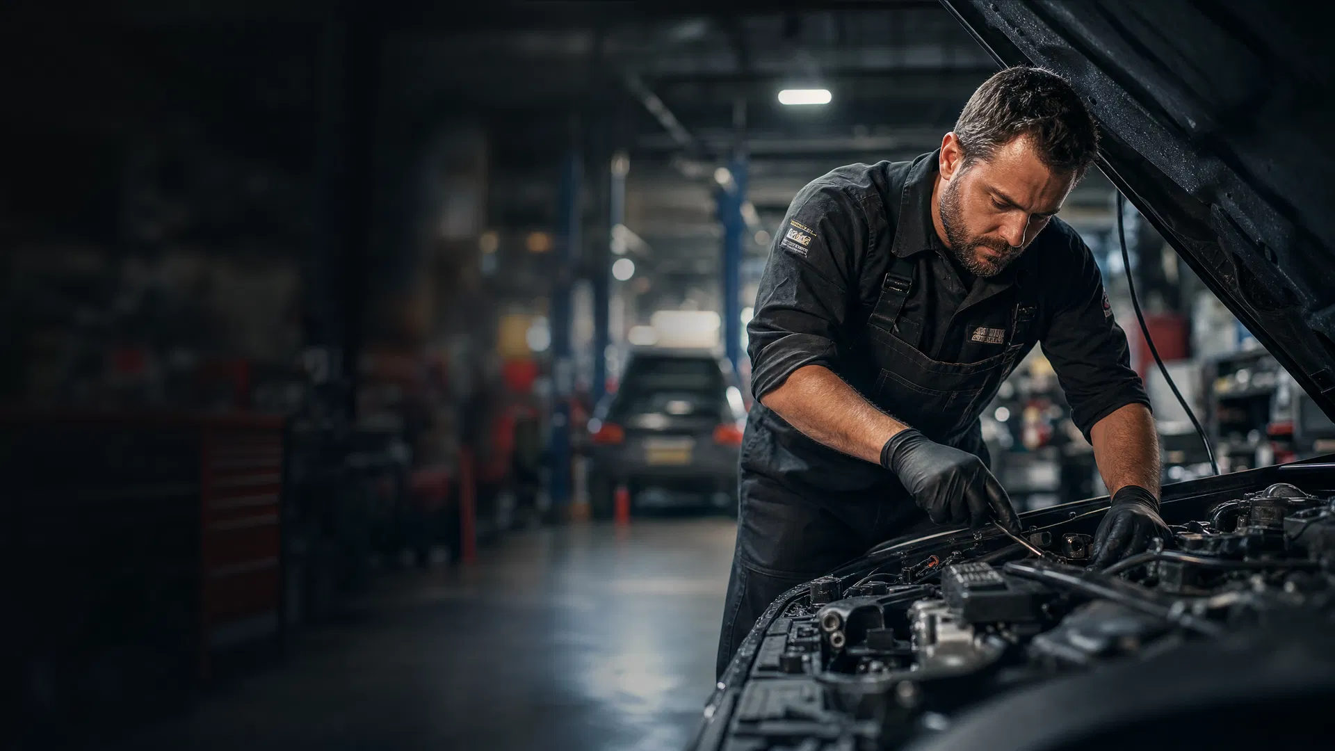 Automechaniker arbeitet am Fahrzeugmotor