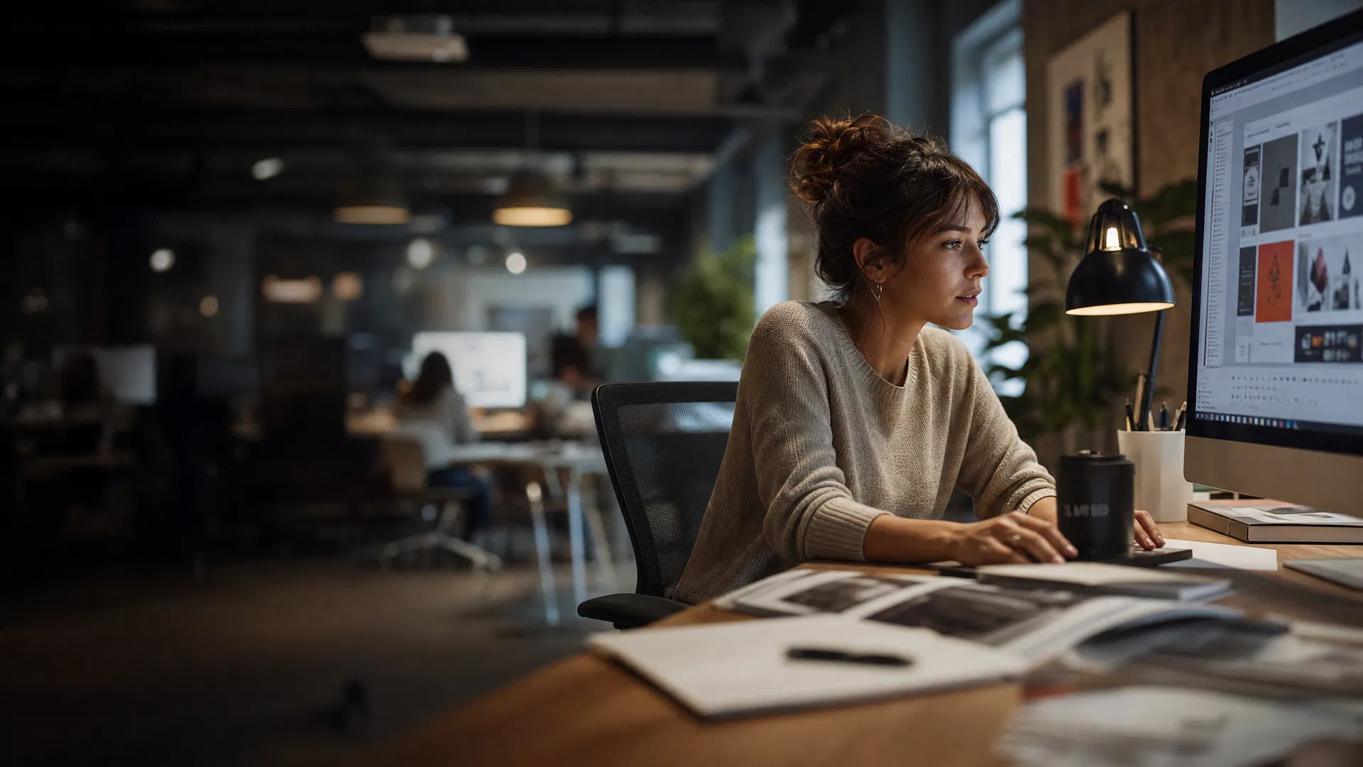 Agentur-Mitarbeiterin arbeitet am Monitor in modernem Büro