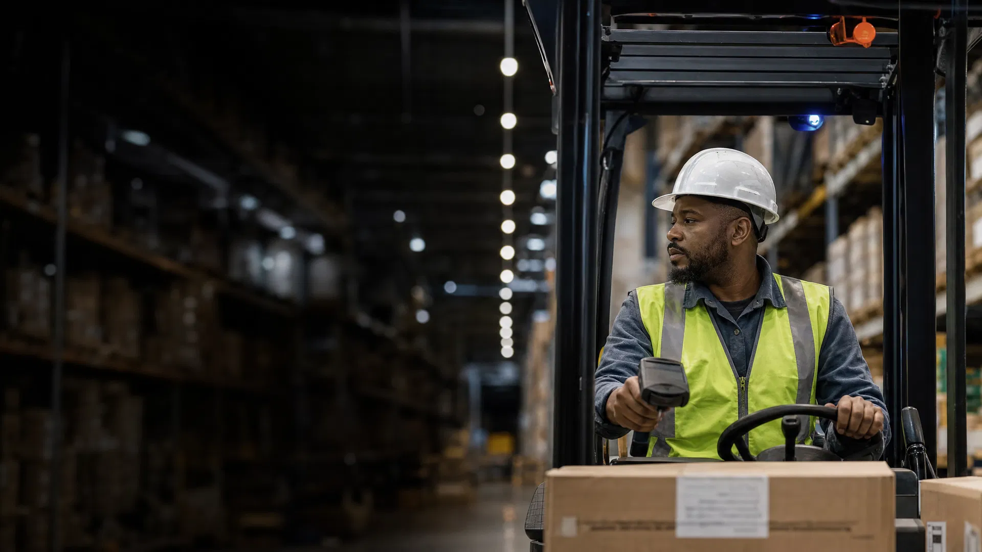 Logistiker fährt Gabelstapler im modernen Lager