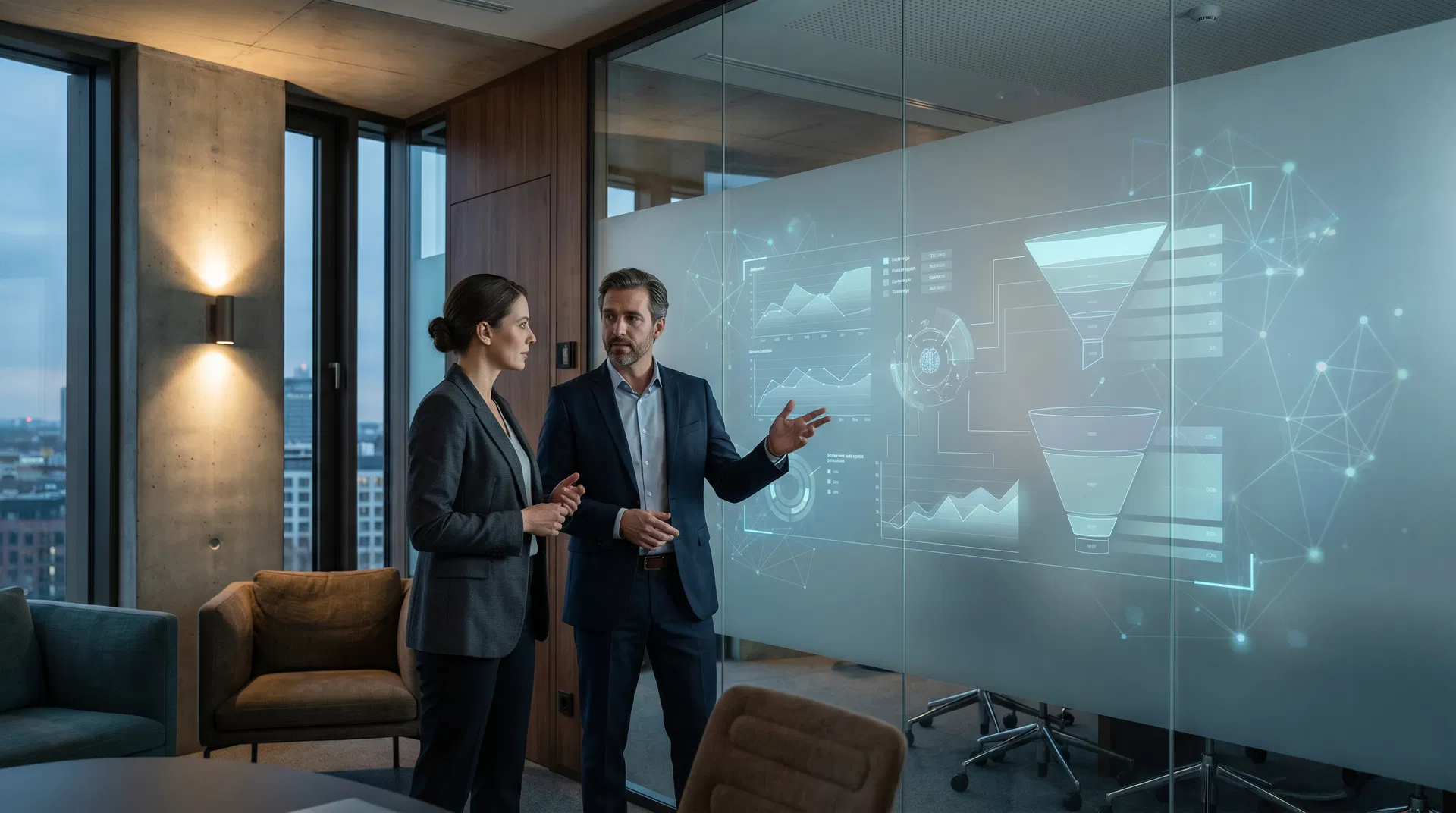 Business consultation scene with debt validation lead data overlays