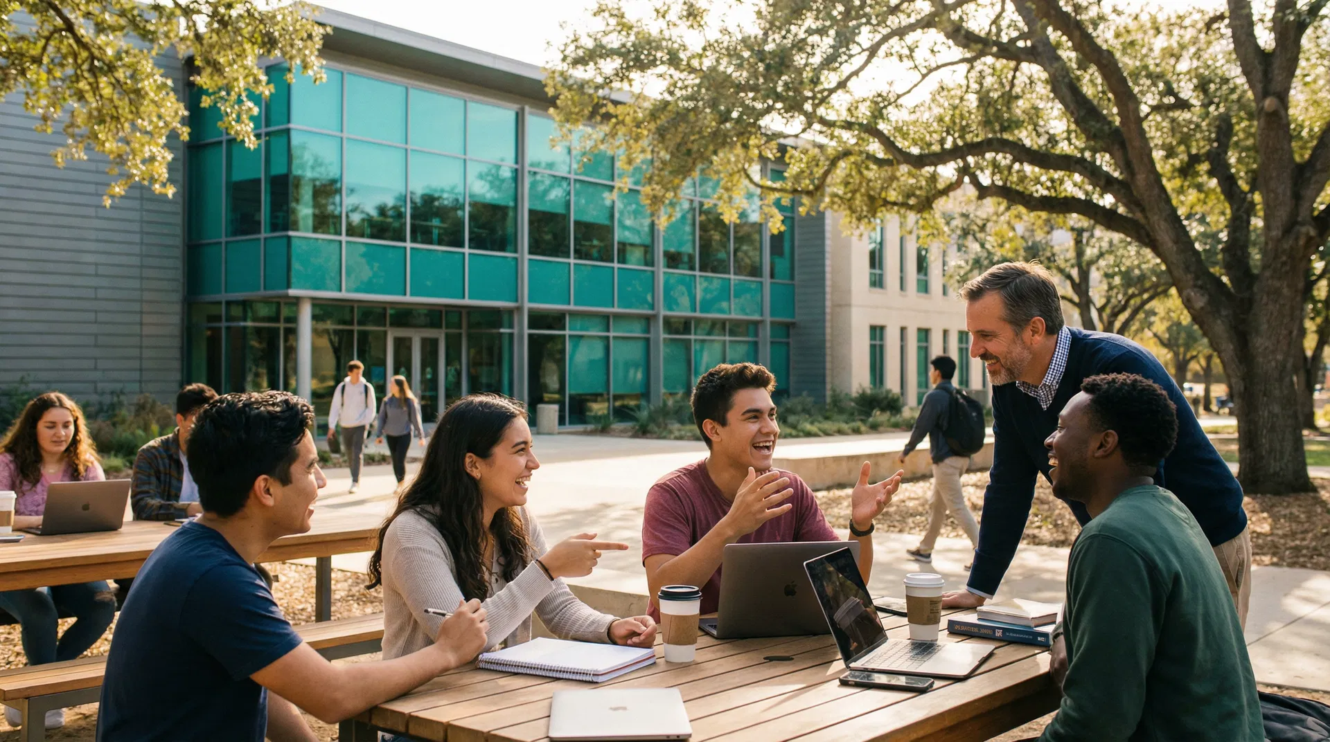 Students and faculty collaborating on a college campus