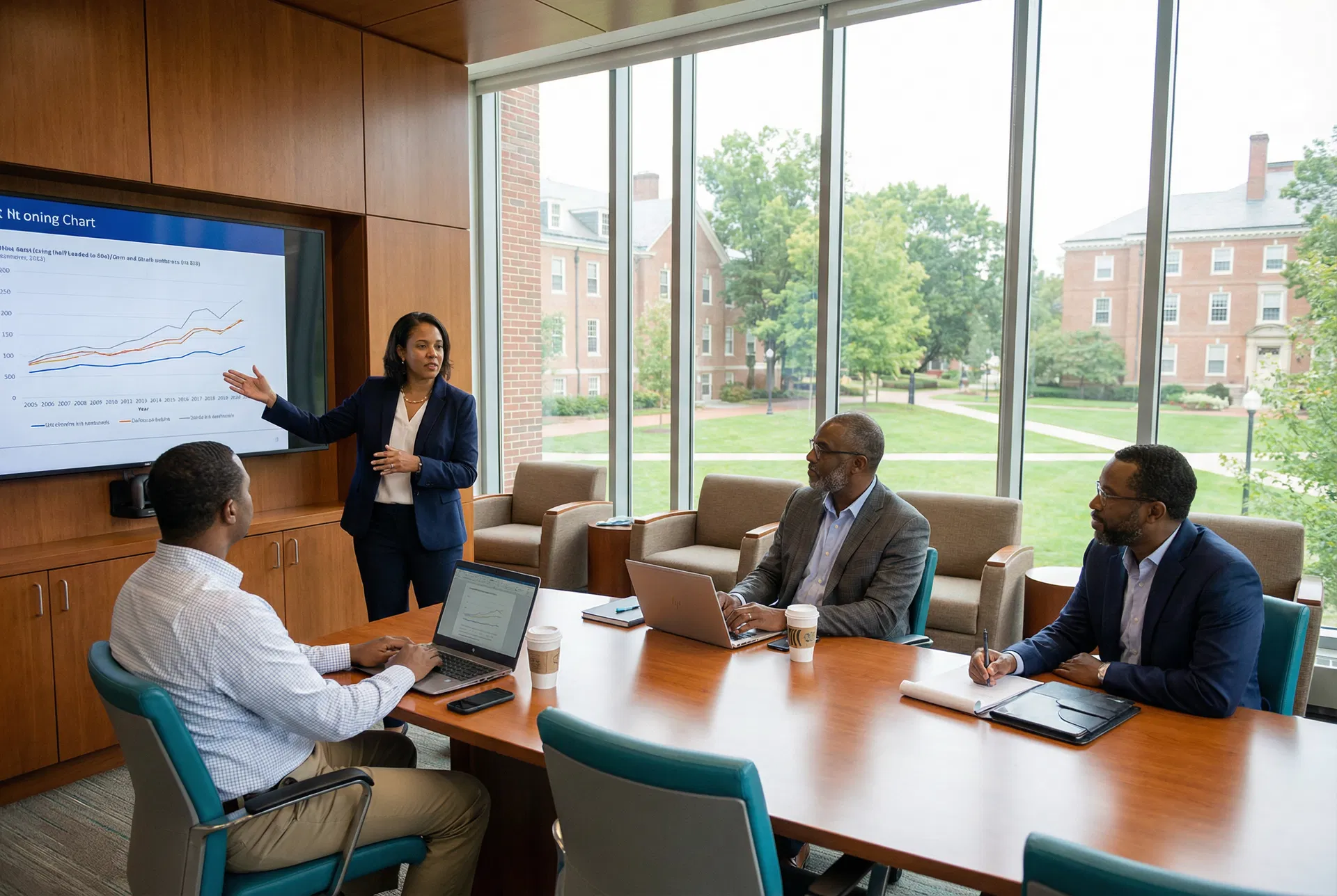 Academic leaders collaborating in a strategic meeting
