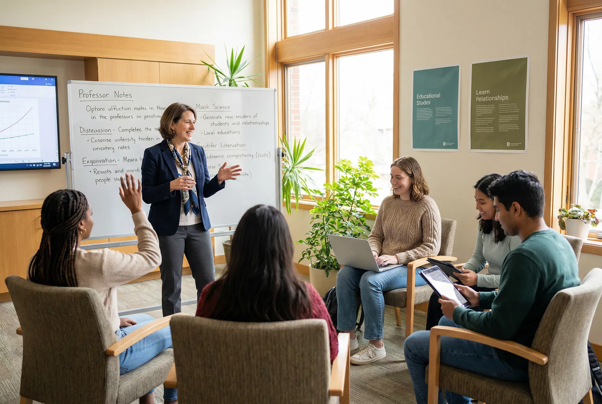 Professor engaging with students in a collaborative classroom