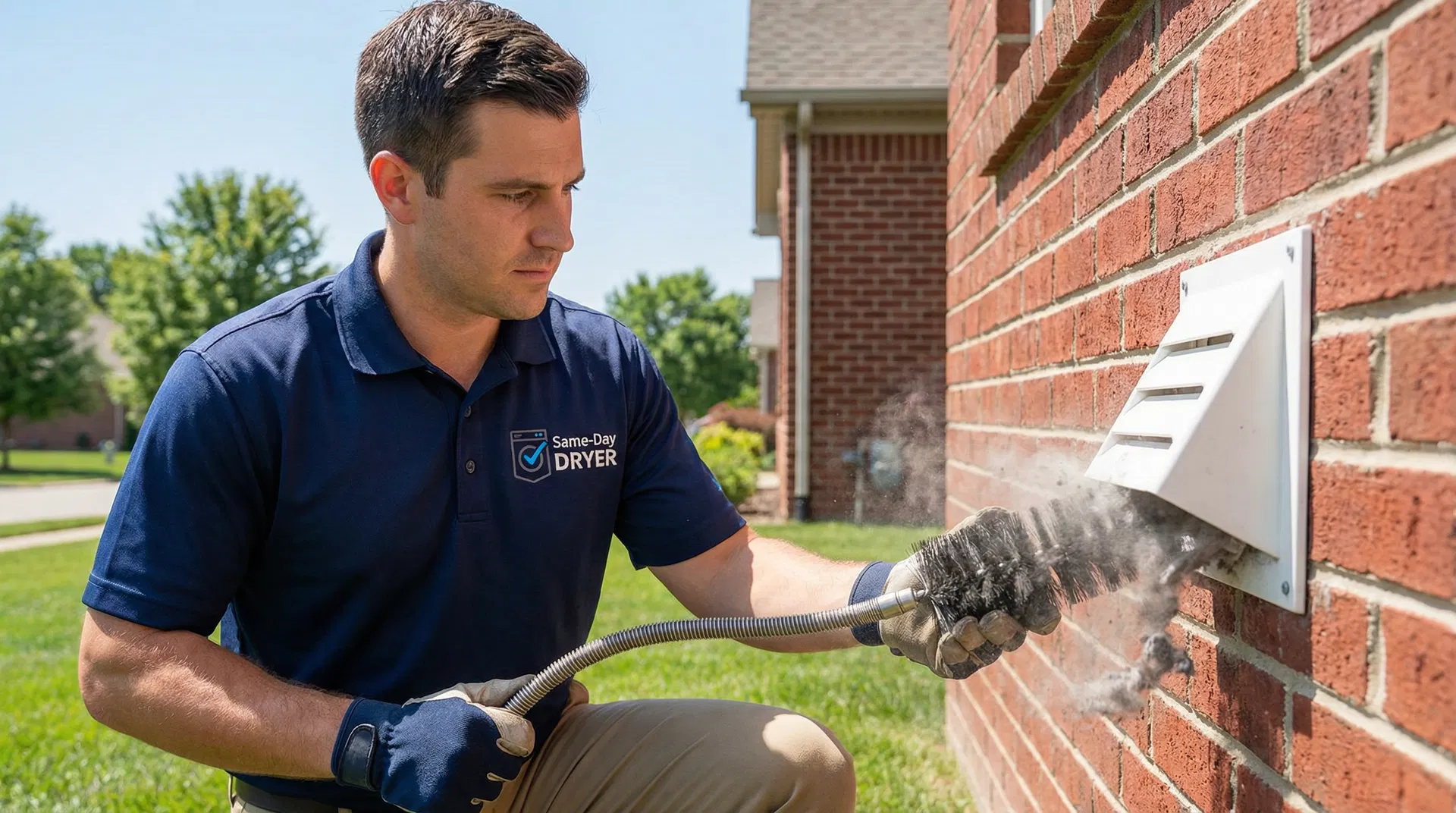 Same-Day Dryer technician cleaning exterior dryer vent on brick wall